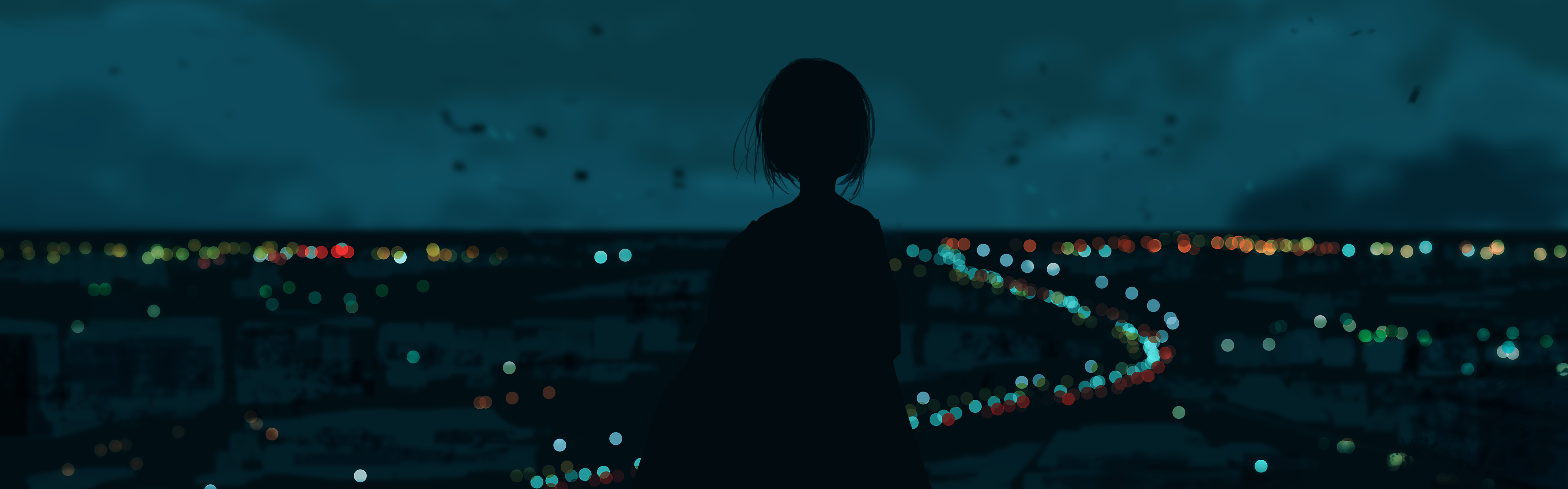 短发女孩 背影 眺望远方 夜晚天空 城市灯光 5120x1600动漫超宽屏壁纸