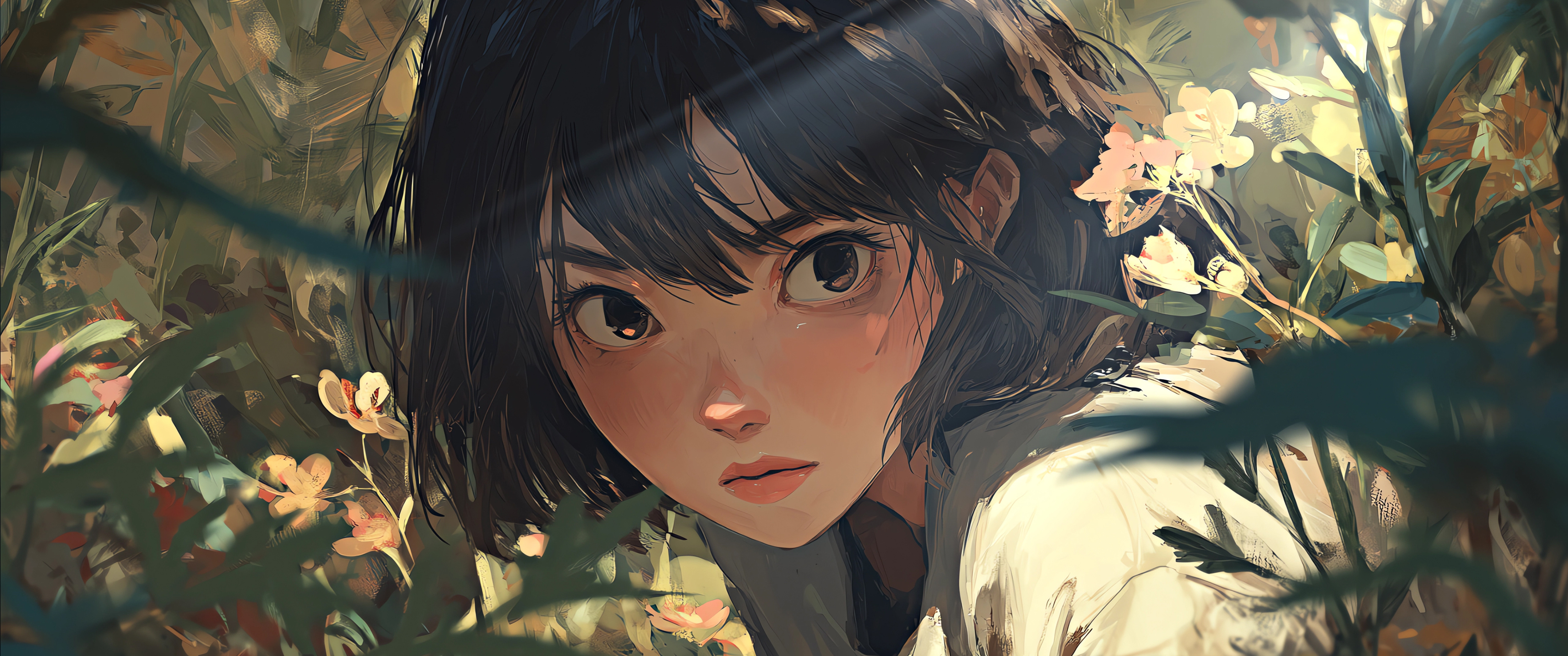 短发女孩 花 草丛 3440x1440带鱼屏动漫壁纸