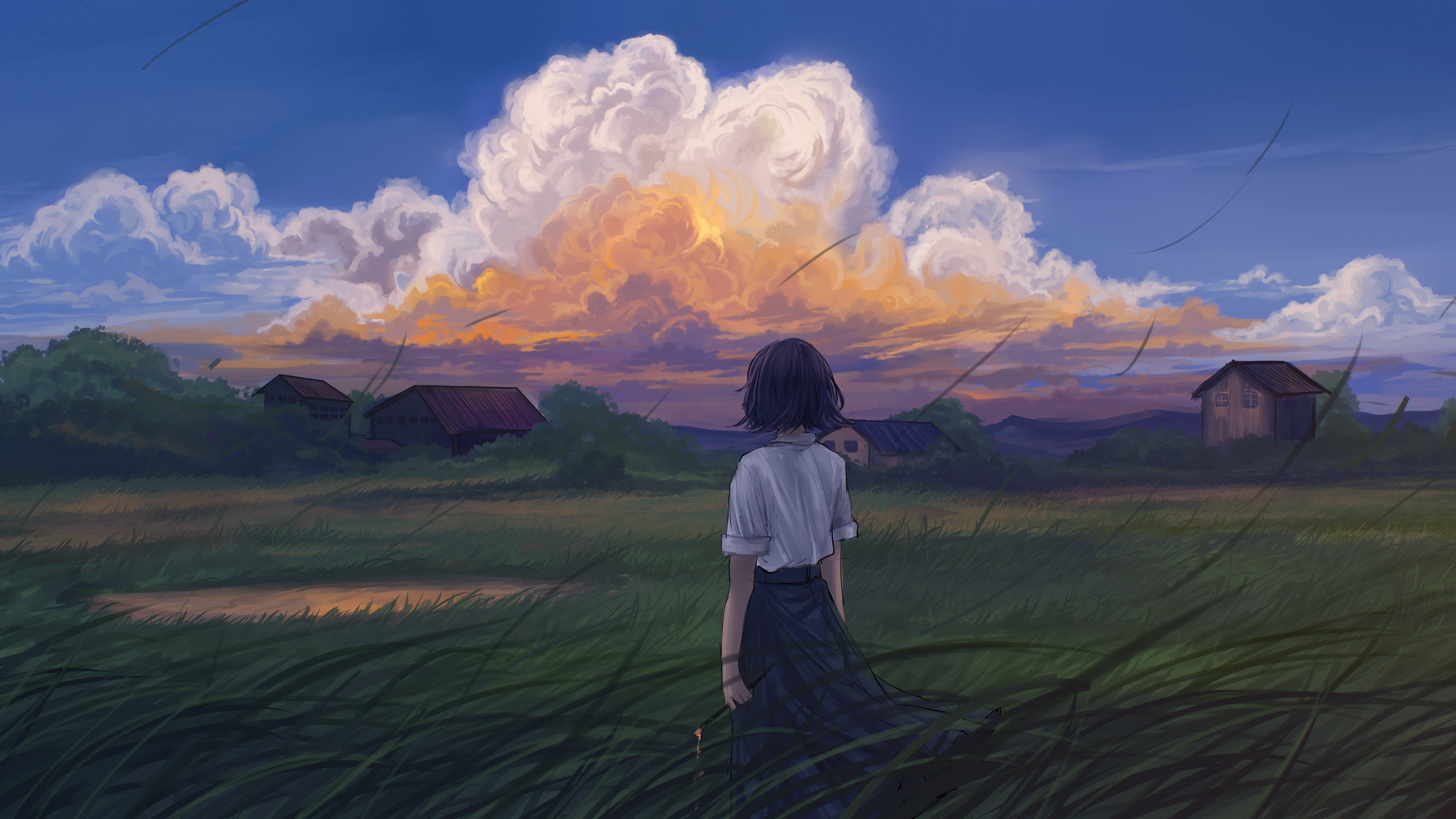 短发女生 插画风景 云朵 田野 房子 4k动漫壁纸