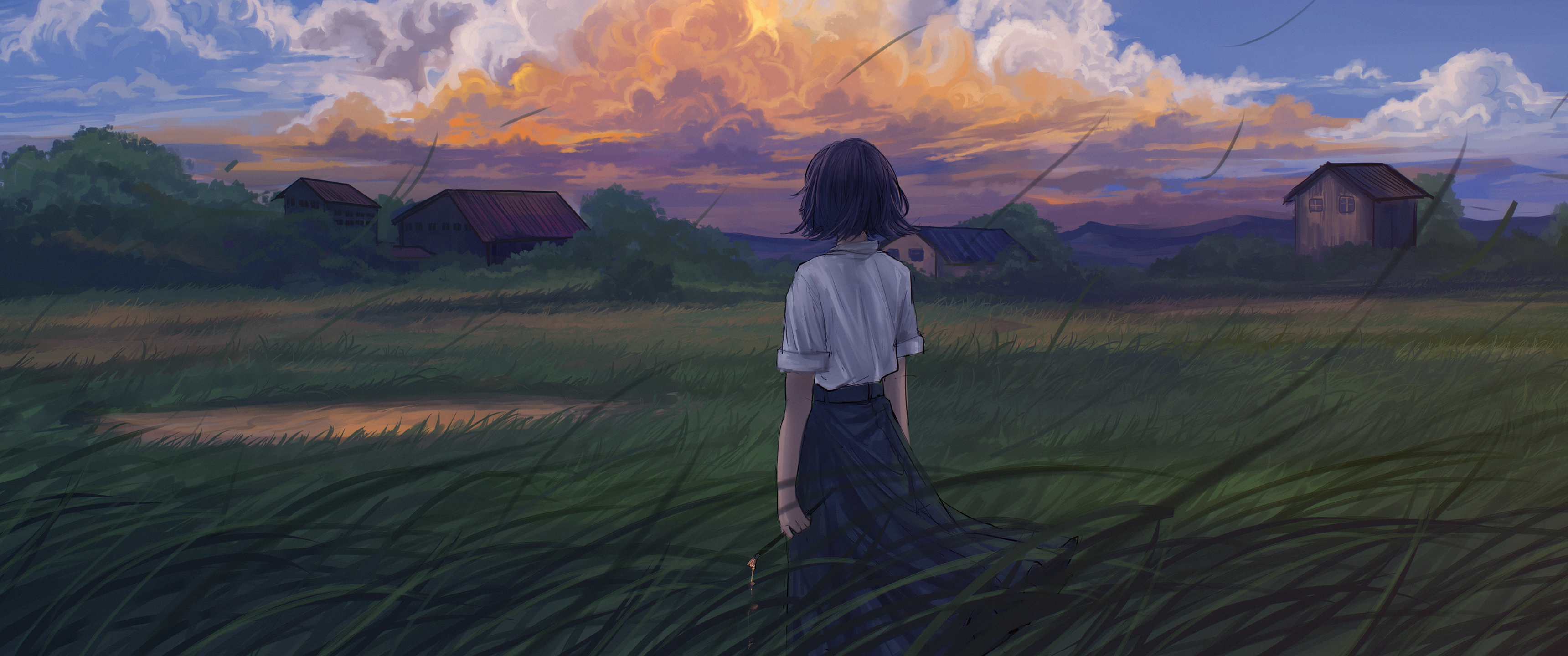 短发女生 风景 云朵 田野 房子 4K带鱼屏风景壁纸3440x1440