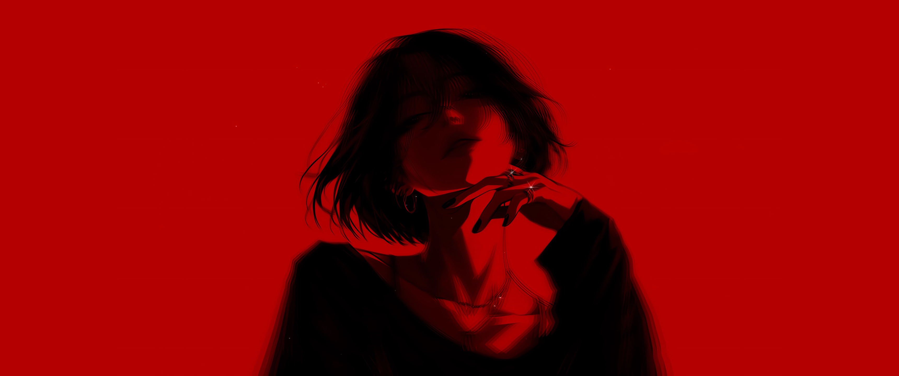 短发美女 红色背景 3440x1440带鱼屏动漫壁纸