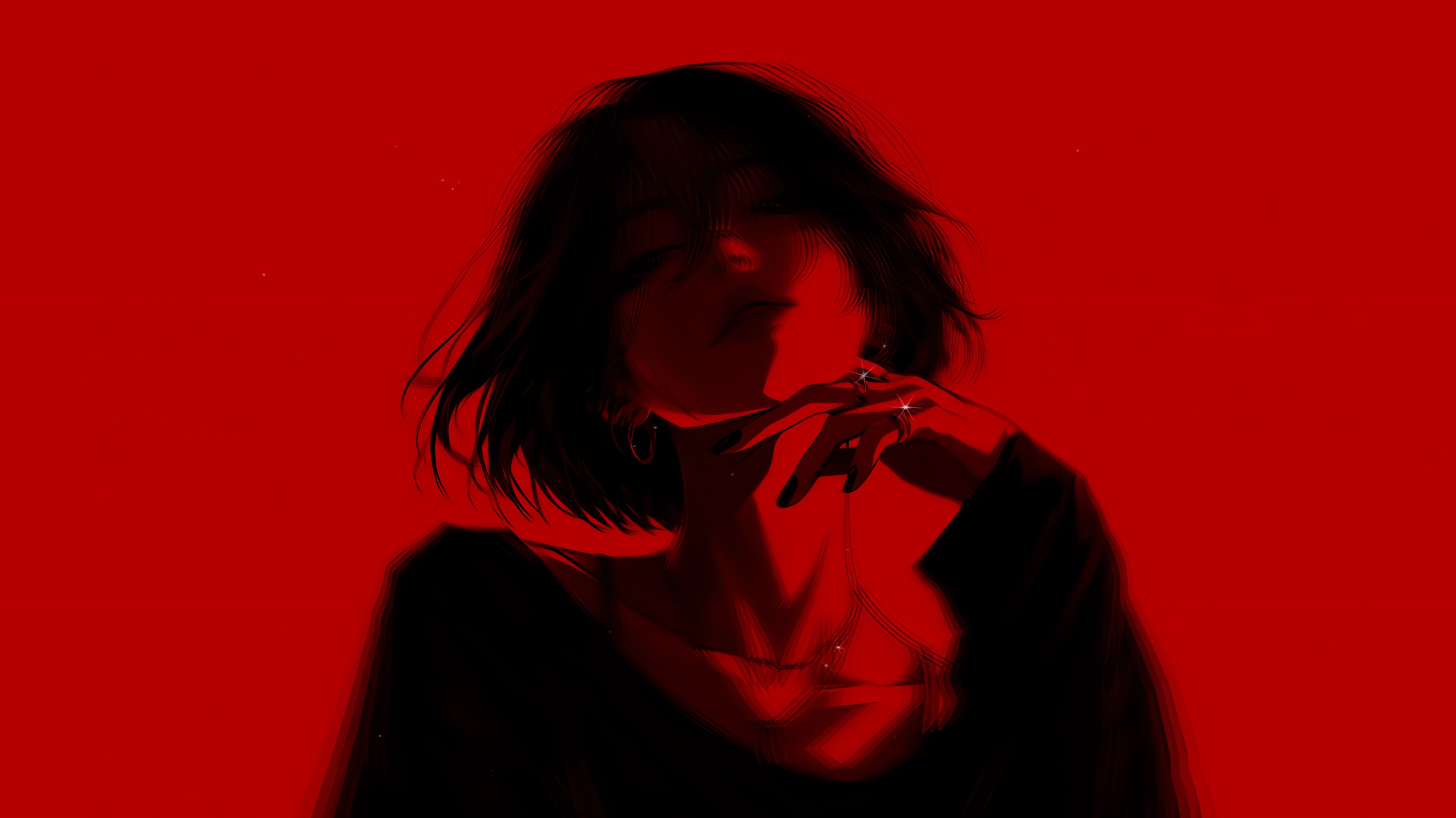 短发美女 红色背景 绘画 4k电脑壁纸3840x2160