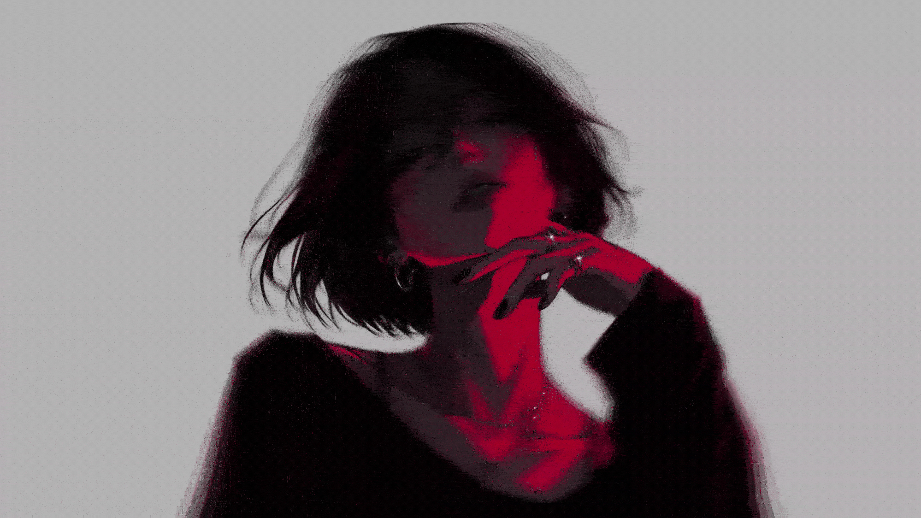 短发美女 黑红风格 简单灰色背景 4K壁纸 3840x2160