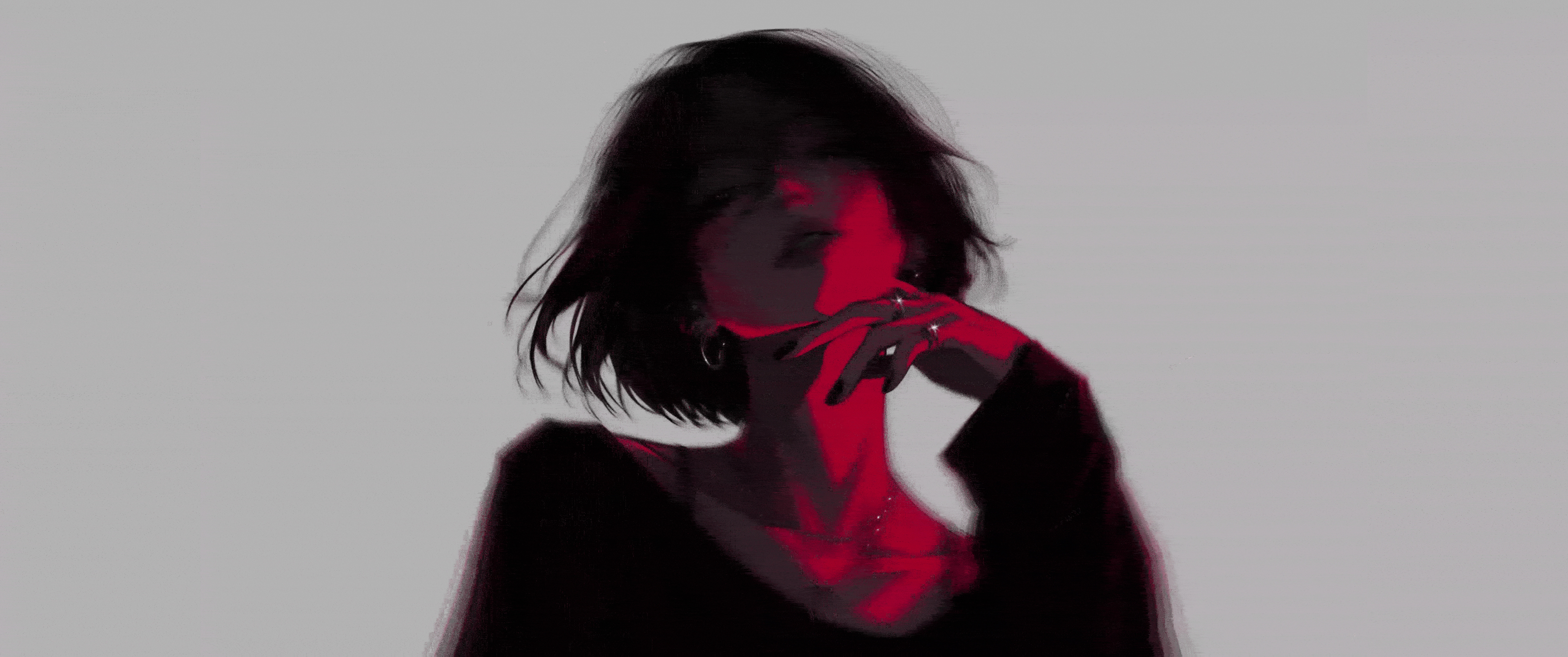 短发美女 黑红风格3440x1440带鱼屏壁纸4k