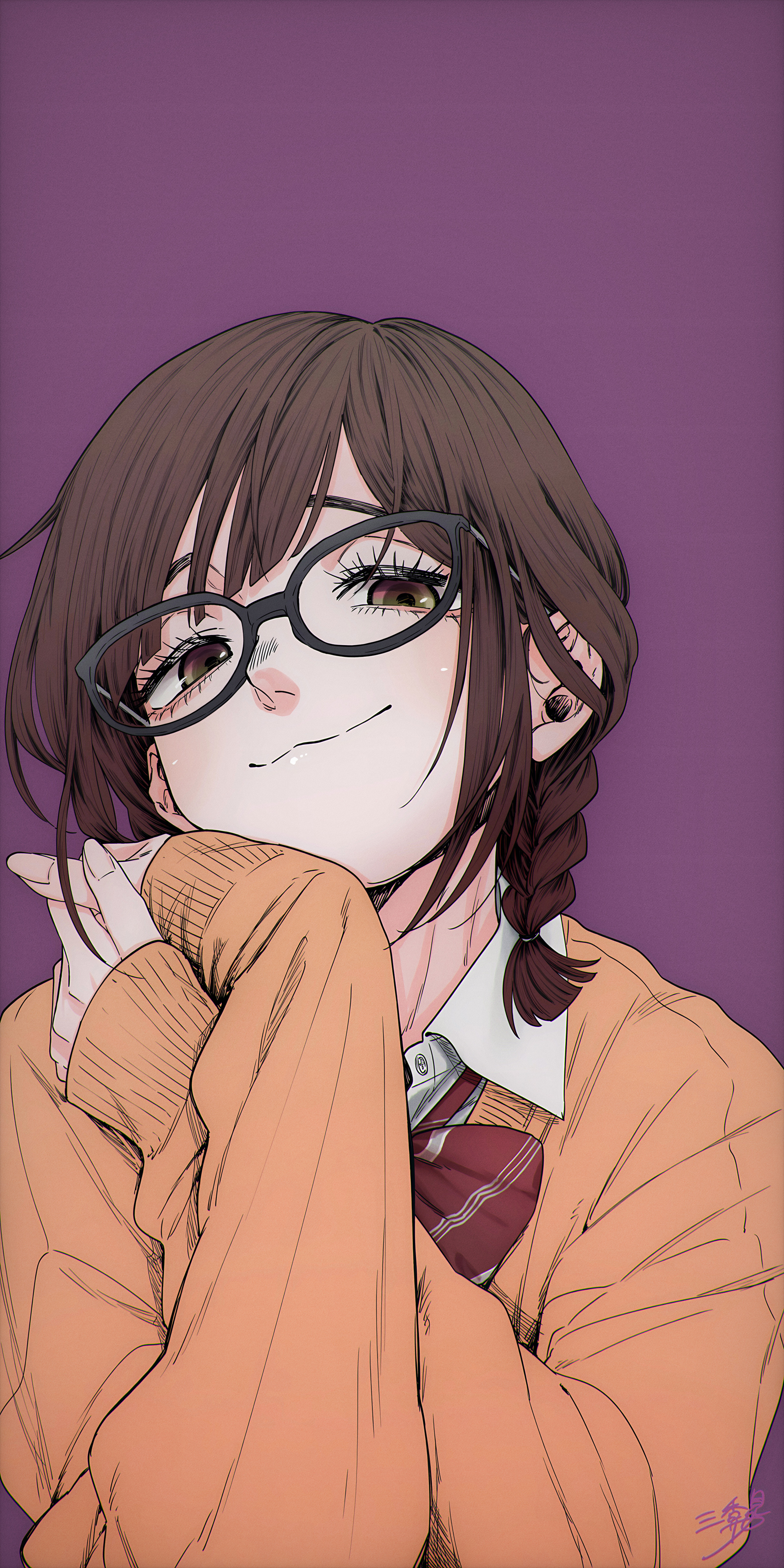 短发辫子 女学生 微笑 刘海 眼镜 简单的背景 4k手机壁纸