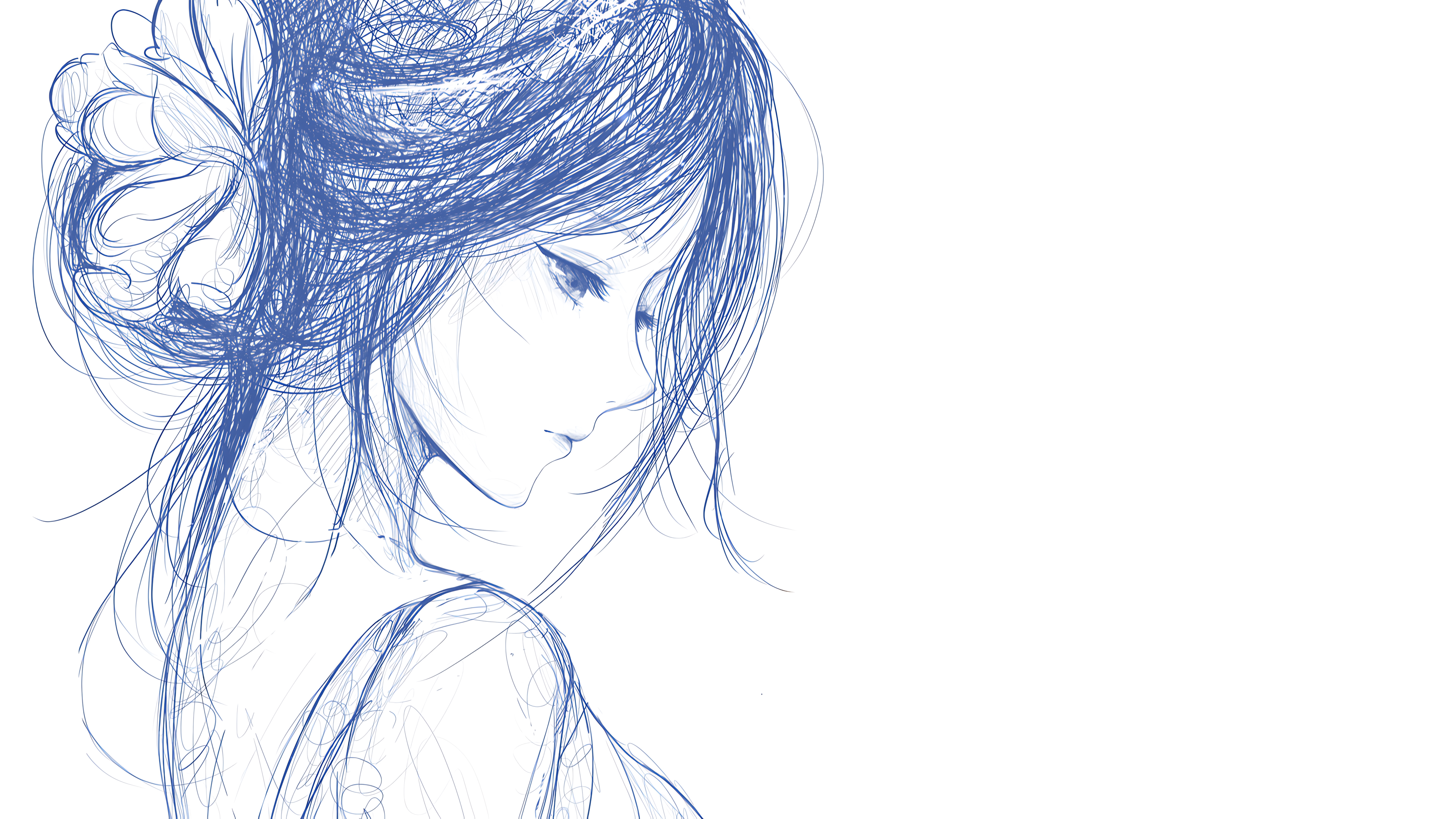 简单少女线稿 侧颜背景图片 铅笔画素描 4K壁纸