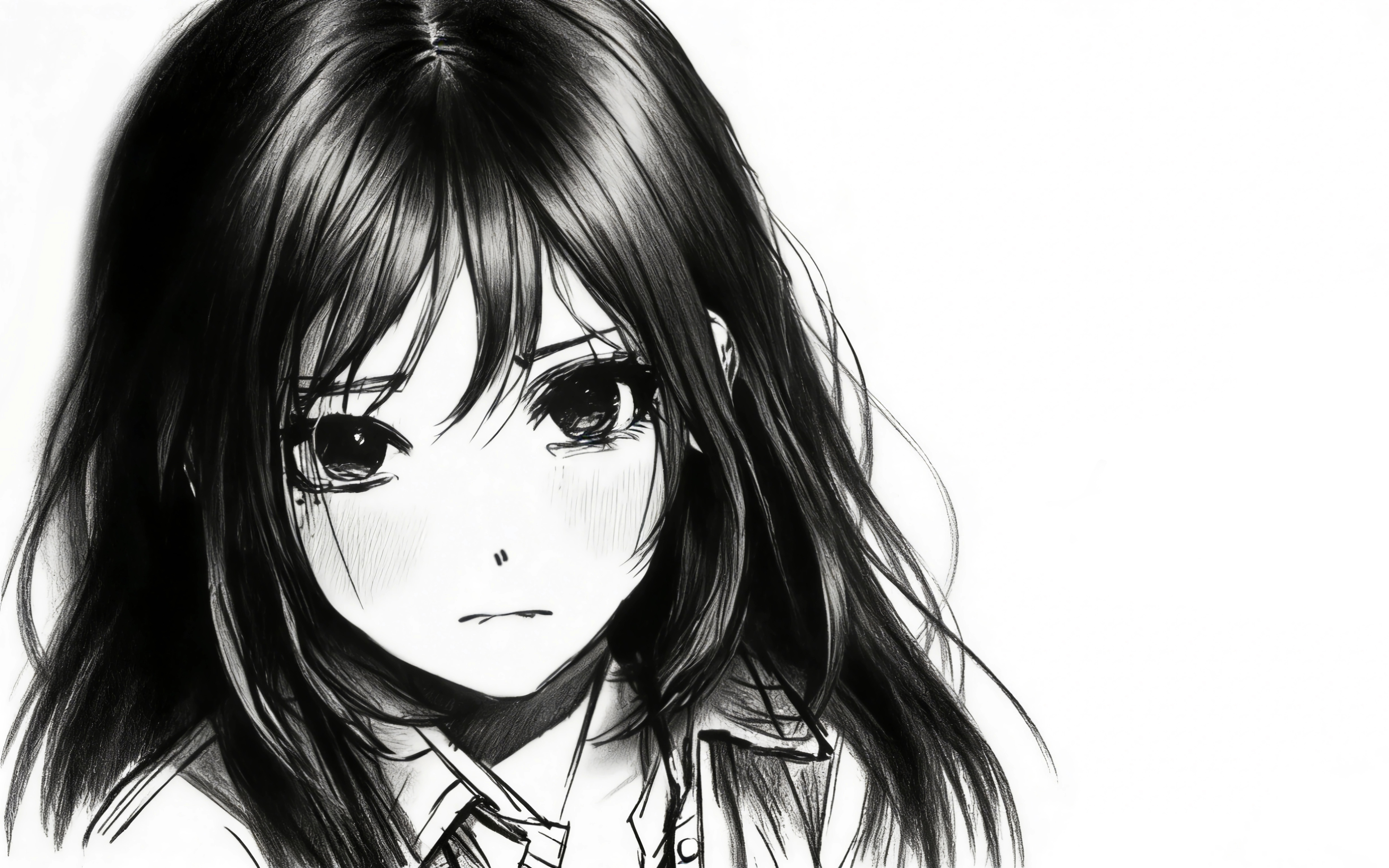 简单黑白铅笔画长发女生 素描画 4K电脑壁纸3840x2400