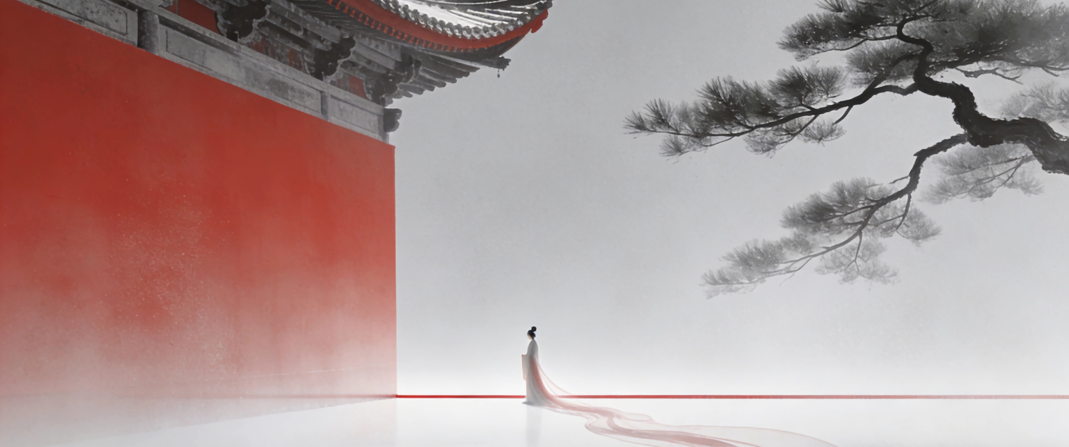 简约古风 女子 长裙 高墙 树 3440x1440带鱼屏壁纸