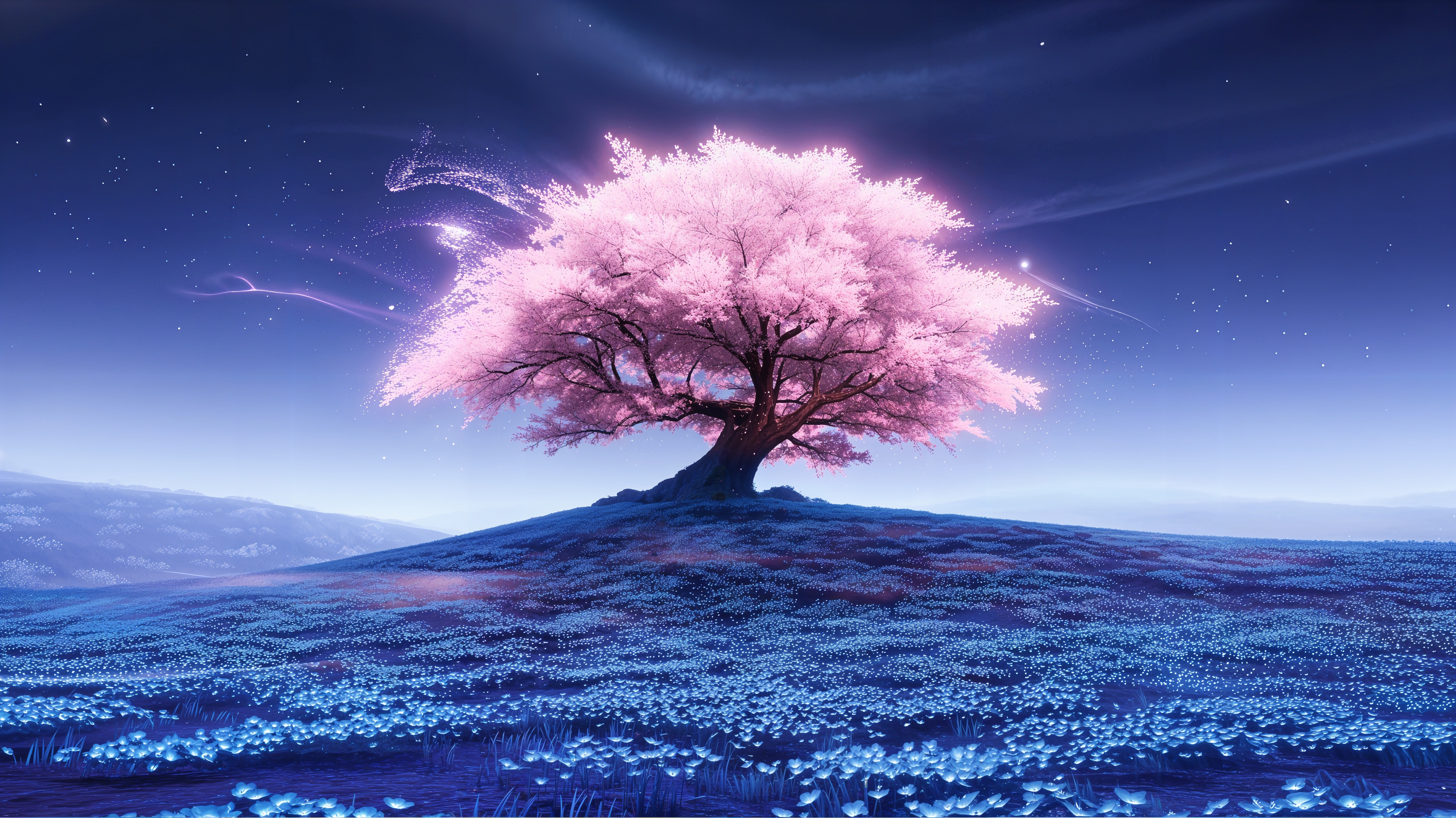 粉色樱花树 梦幻风景 绘画 4K壁纸