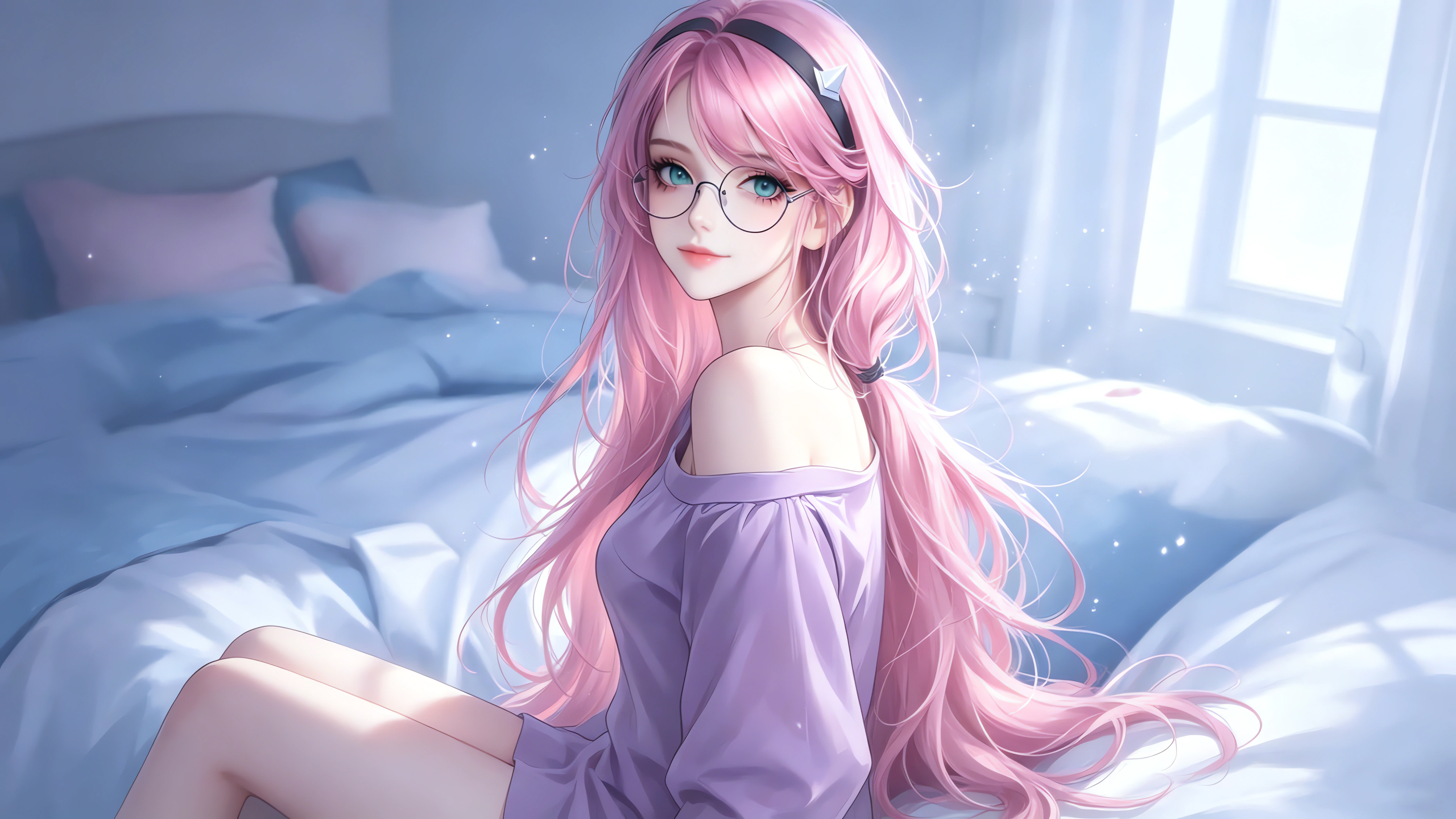 粉色长发少女 发箍 眼镜 紫裙 4k动漫壁纸 3840x2160
