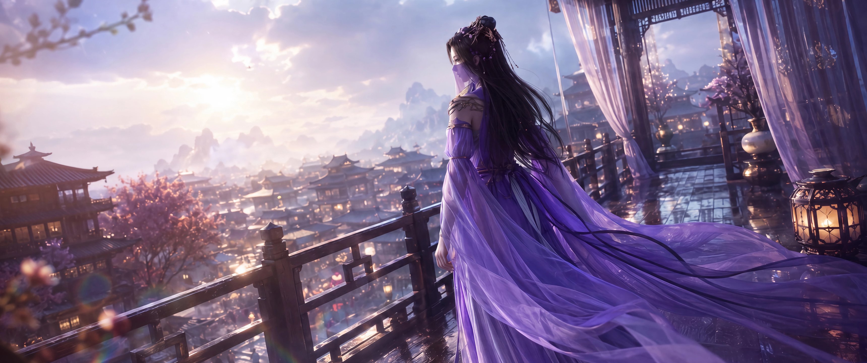 紫灵 紫色长裙 唯美背影 高清带鱼屏壁纸3440x1440