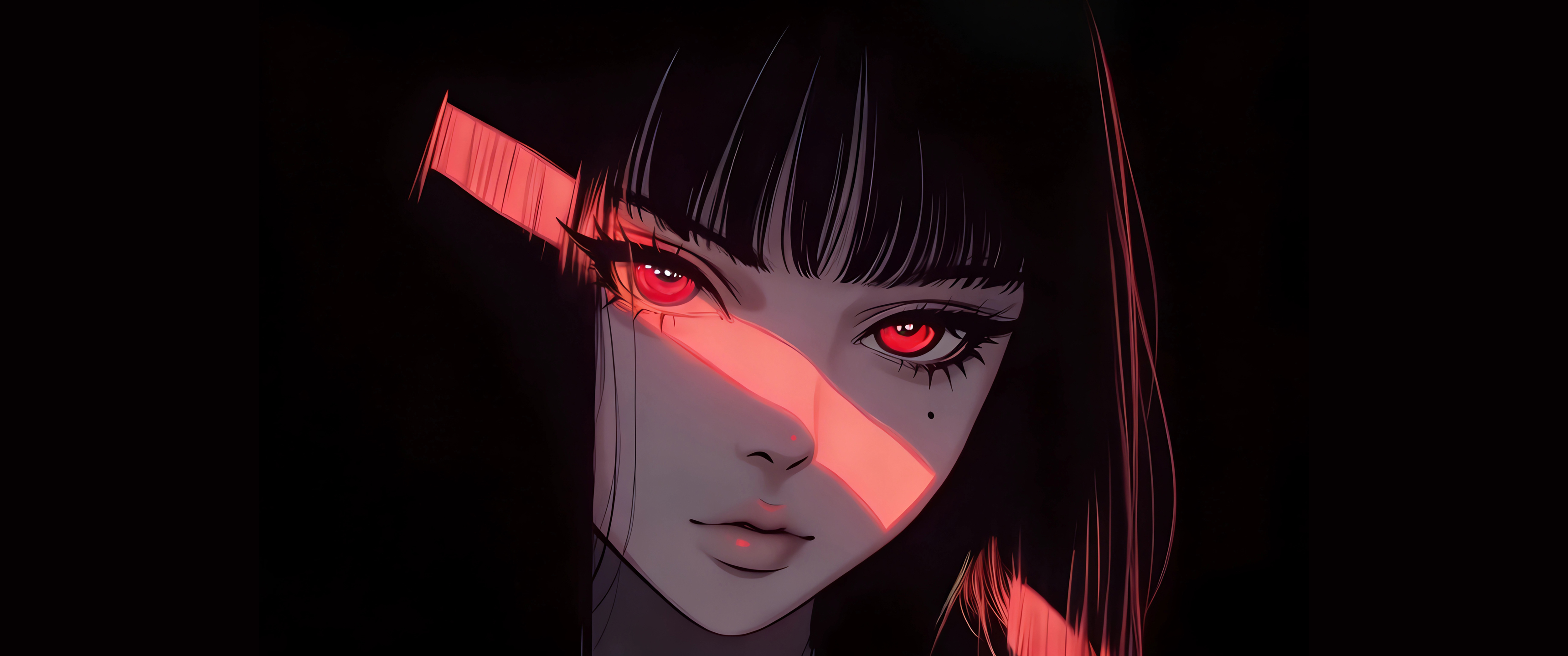 红色眼睛动漫女孩 光影 黑色背景 3440x1440带鱼屏壁纸
