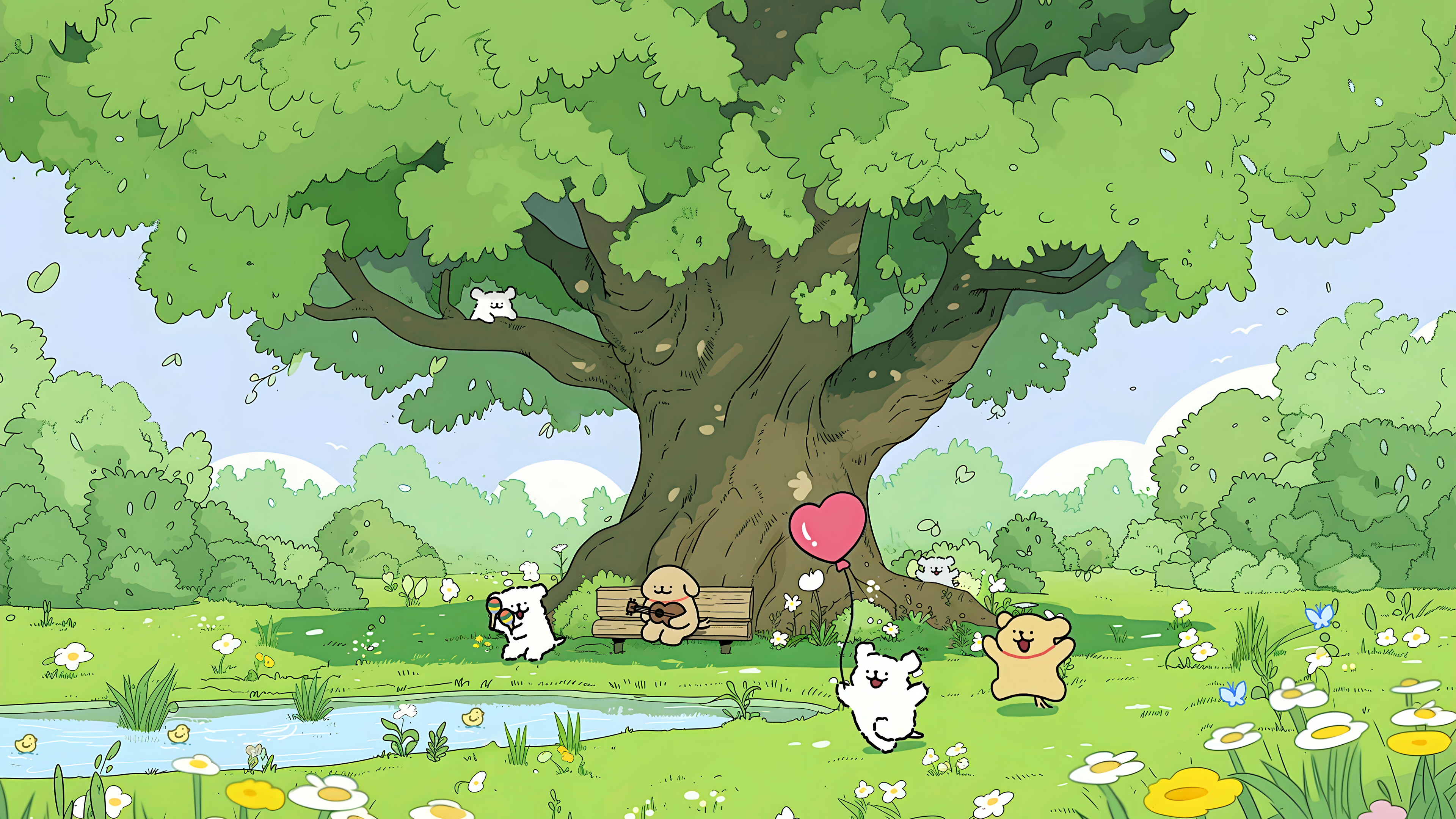 线条小狗 夏日树荫电脑背景图片 清新护眼 4K壁纸 3840x2160