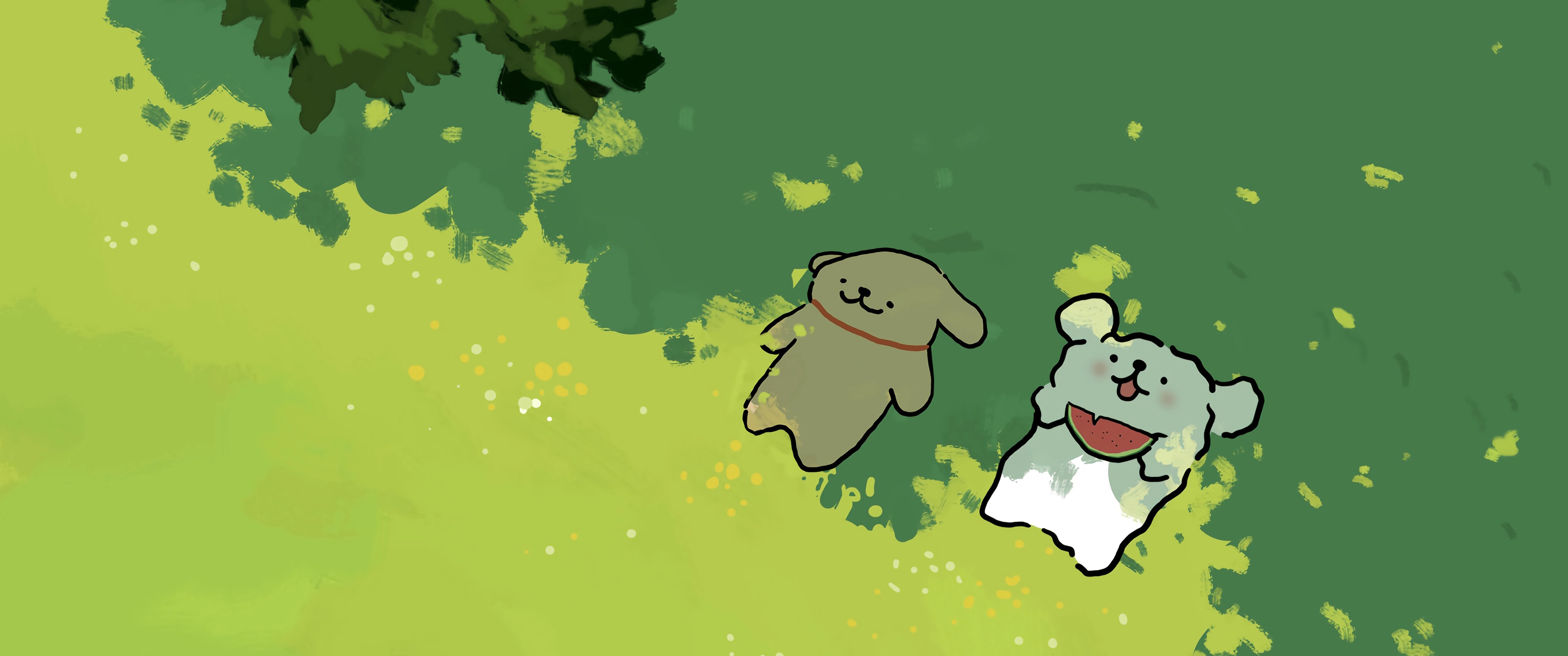 线条小狗 绿色树荫 3440x1440带鱼屏动漫壁纸