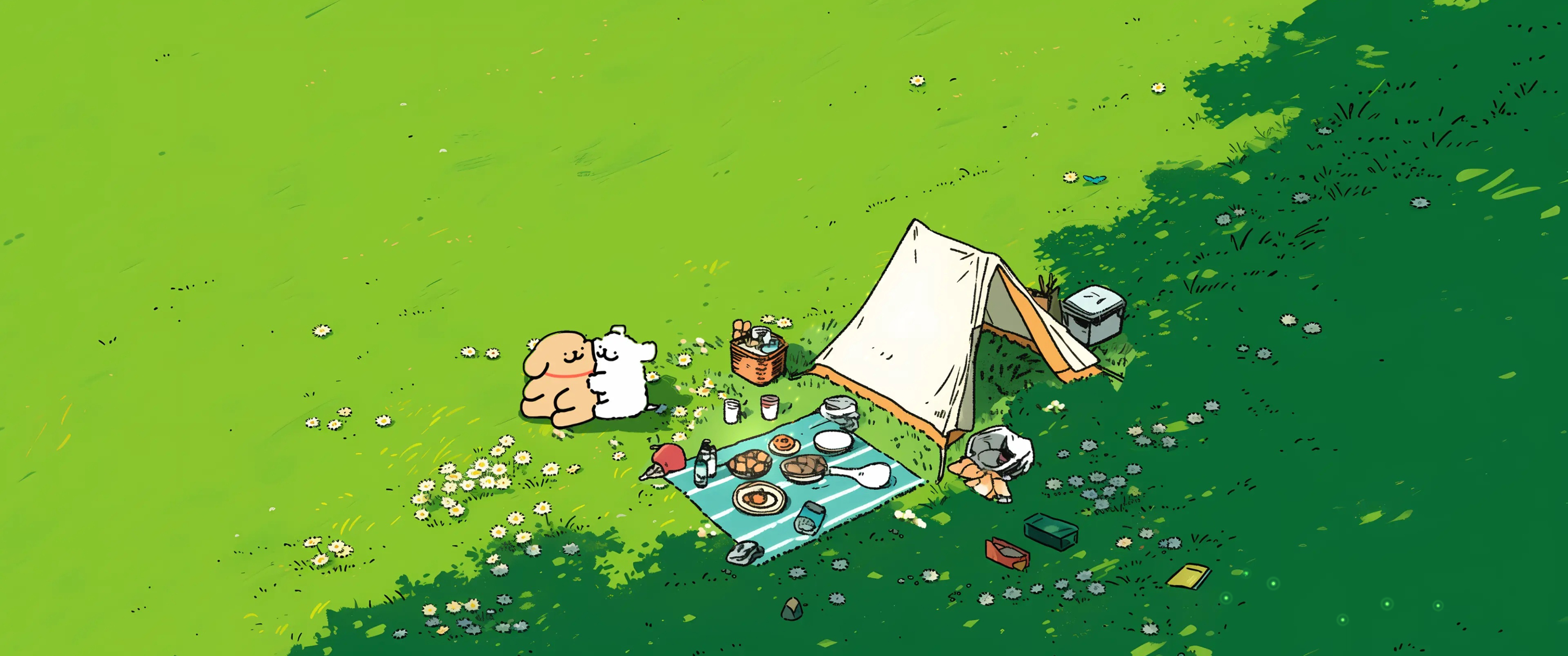线条小狗 露营野餐3440x1440带鱼屏壁纸