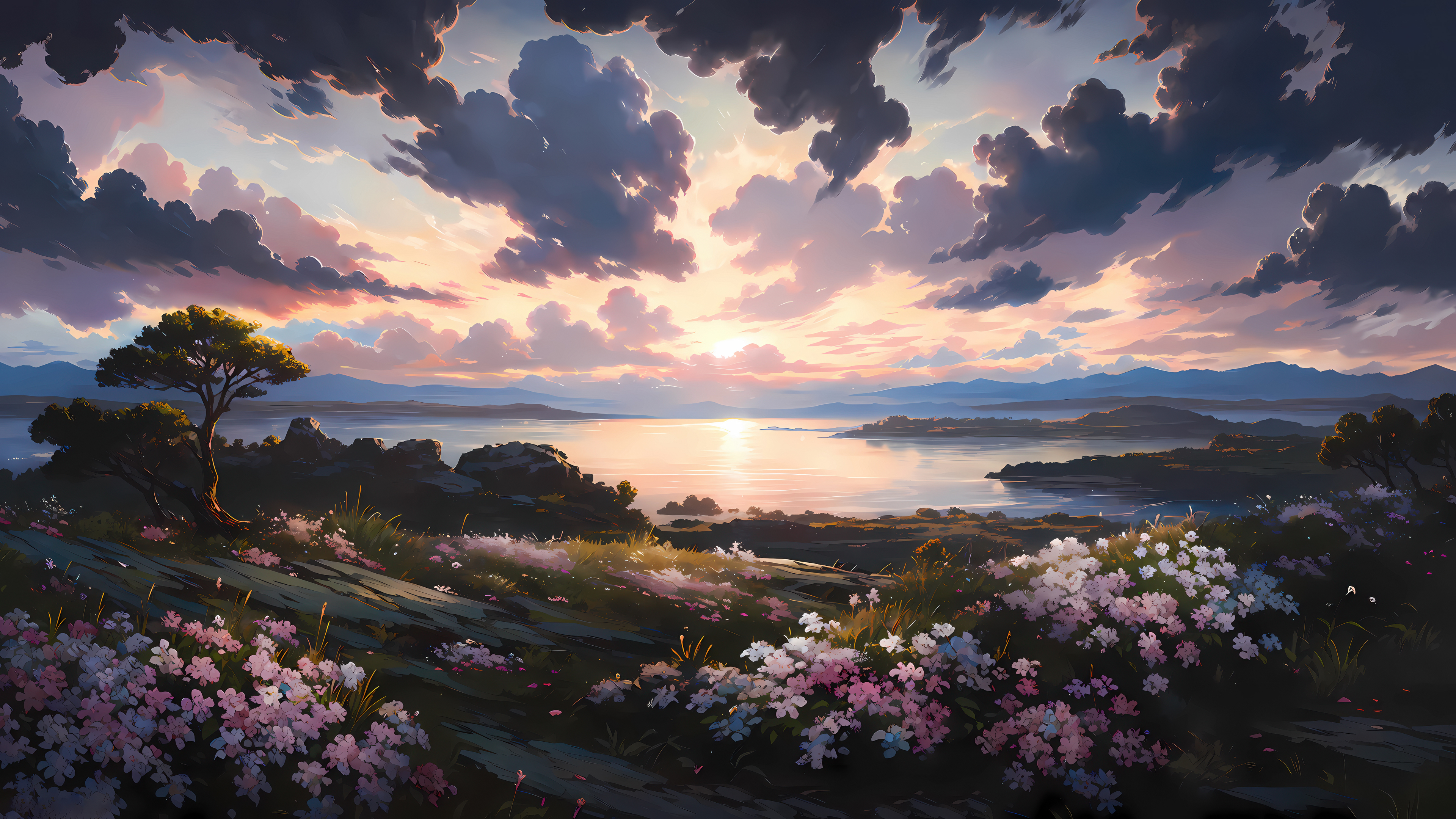 绘画插画风景 群樱守望4k壁纸 3840x2160