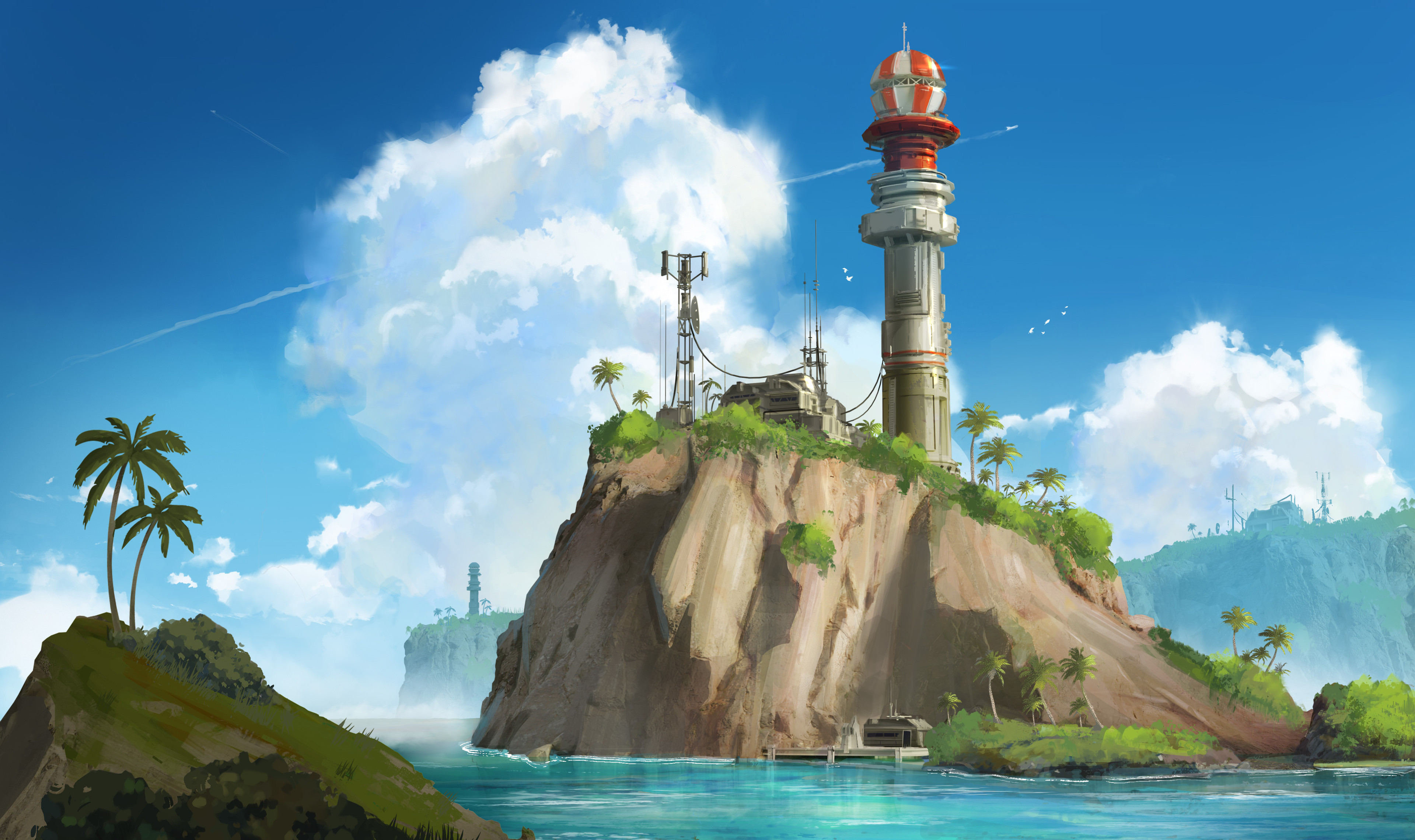 绘画风景，日光，云朵，岛屿，海洋，棕榈树 4K壁纸