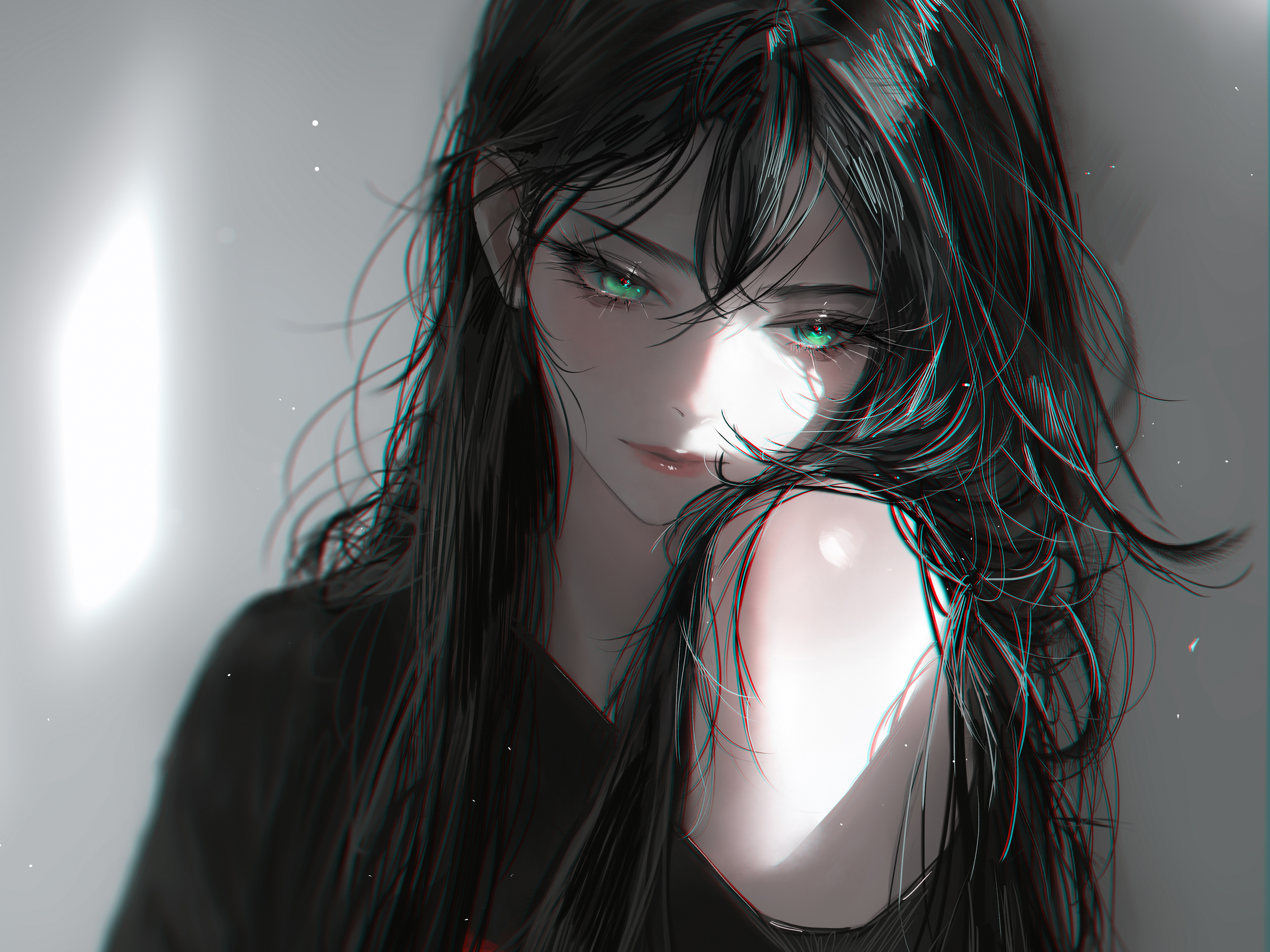 绿眼睛 长发 黑衣服 厚涂动漫美女 暗黑 光影 4k高清壁纸3840x2880