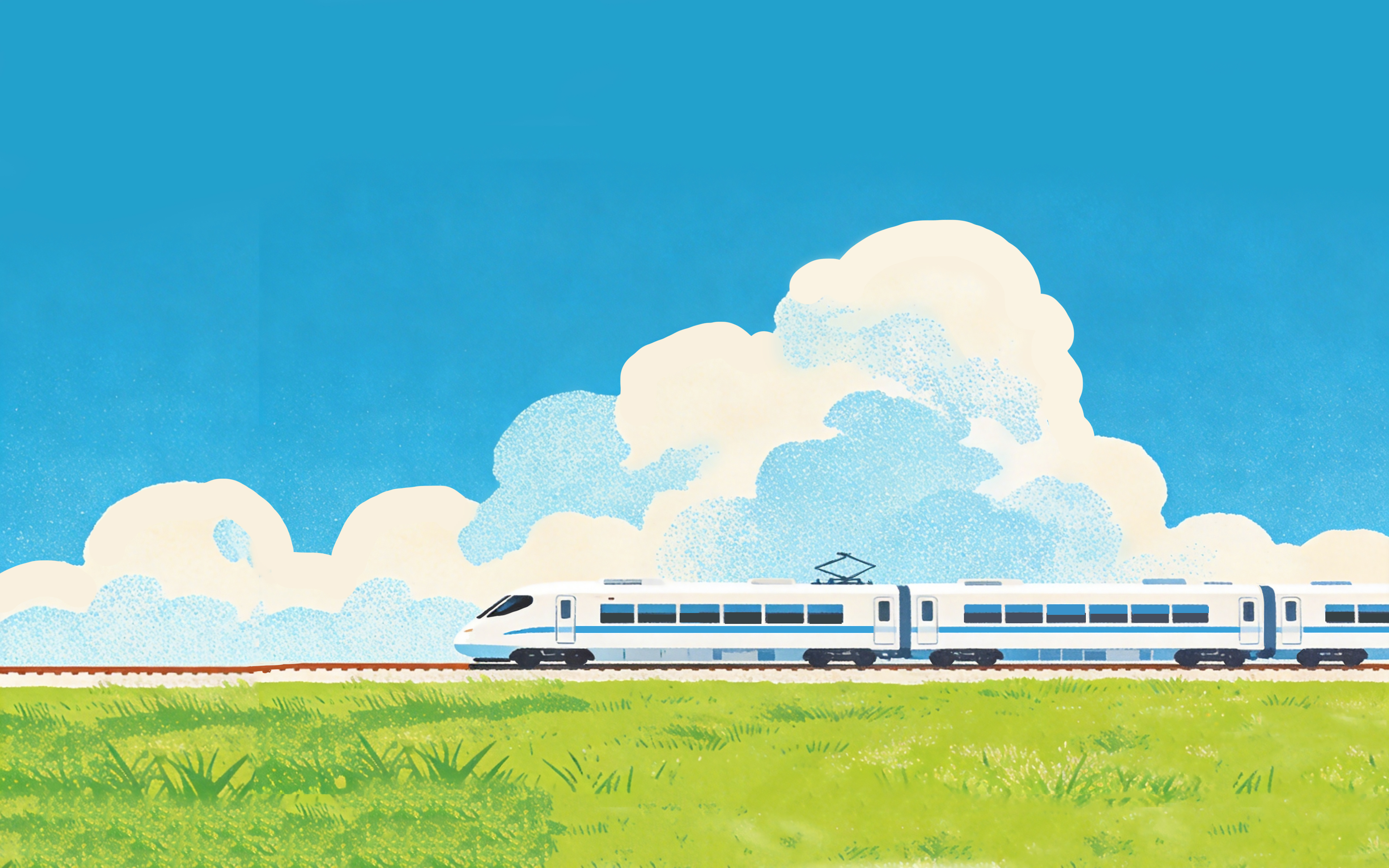 绿色草原 动车 天空 云朵 绘画风景 4K壁纸3840x2400