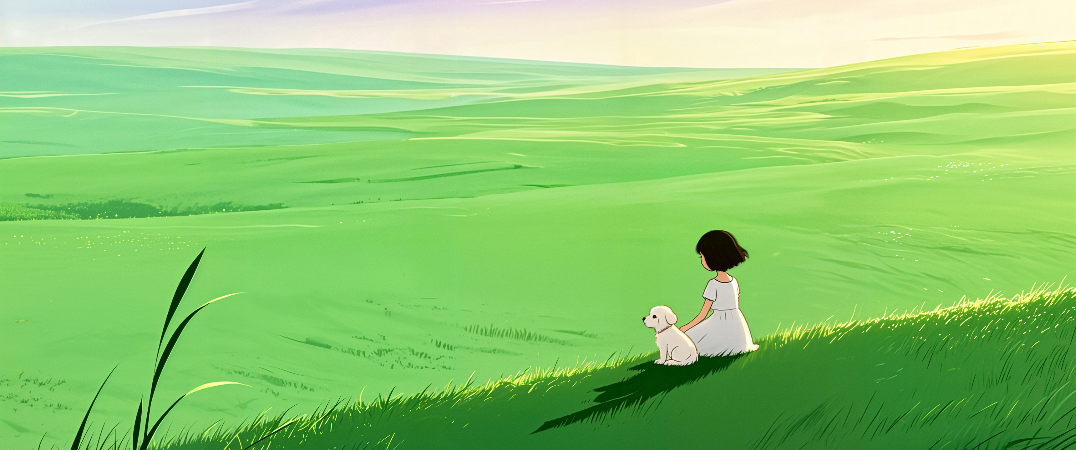 绿草地 小女孩和小狗 带鱼屏风景壁纸3440x1440