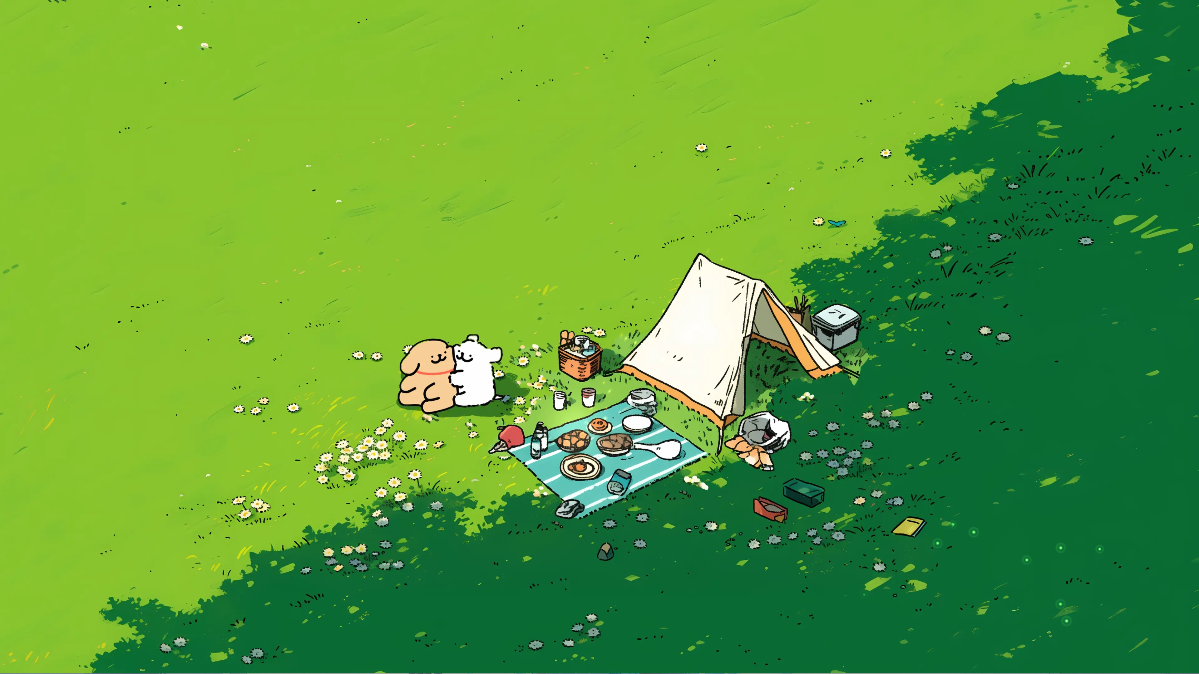 绿草地树荫背景 线条小狗 露营野餐 4K电脑壁纸 3840x2160