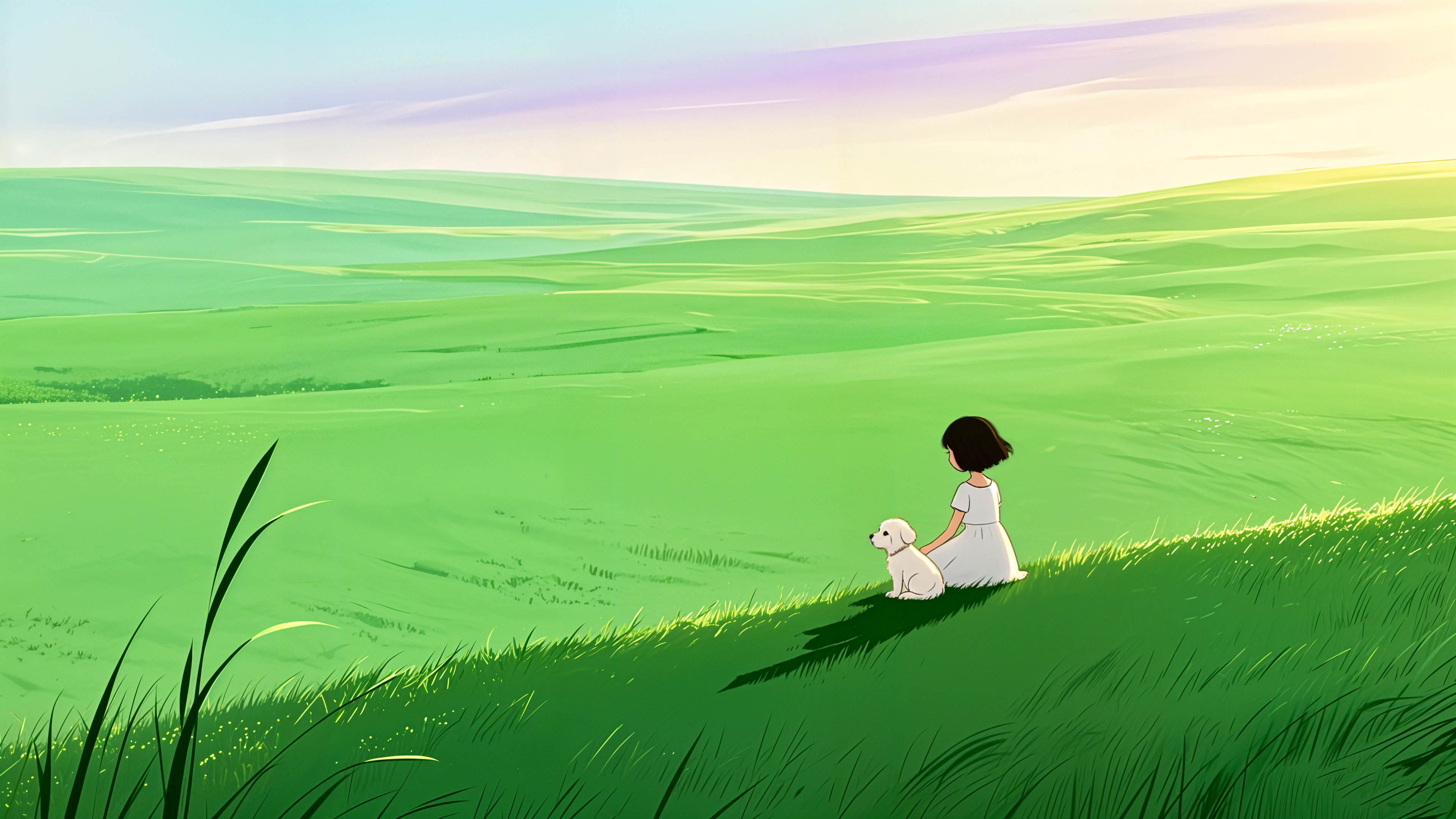 绿野 小女孩和小狗 绘画风景 4k高清壁纸 3840x2160