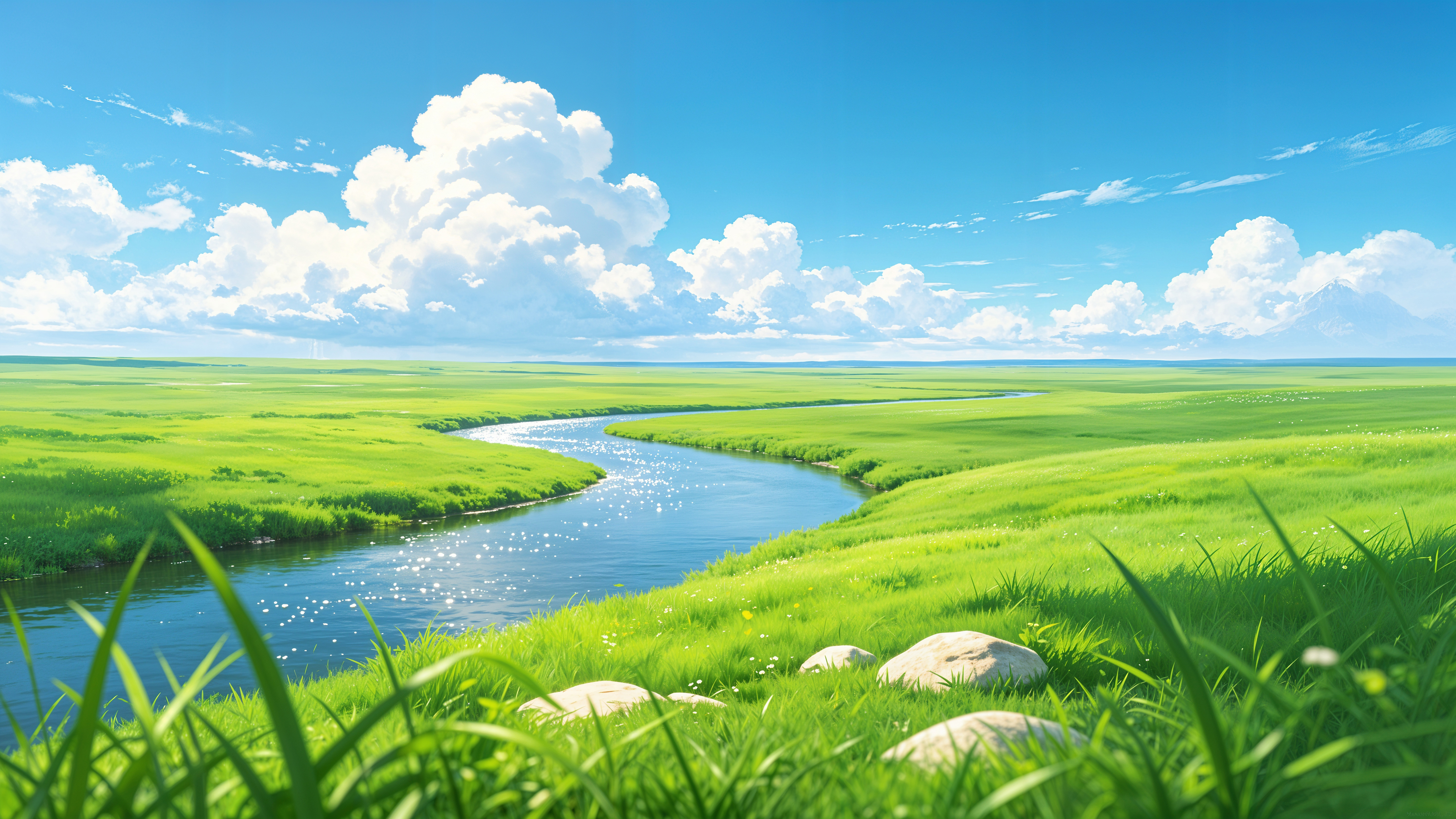 美丽草原河流 蓝天白云 高清4K风景壁纸3840x2160