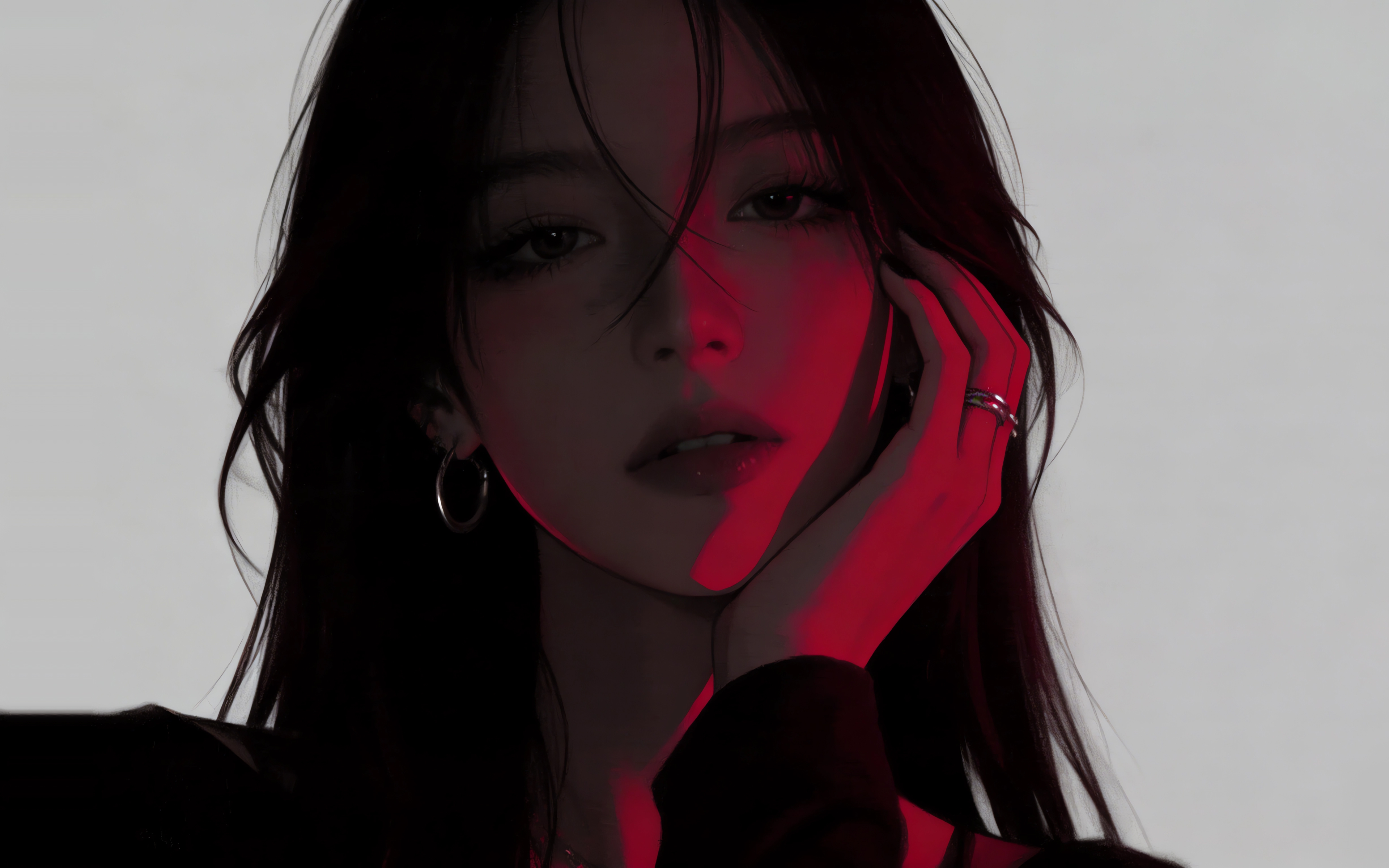 美女一手托腮 红色光影 灰色背景 4K壁纸3840x2400