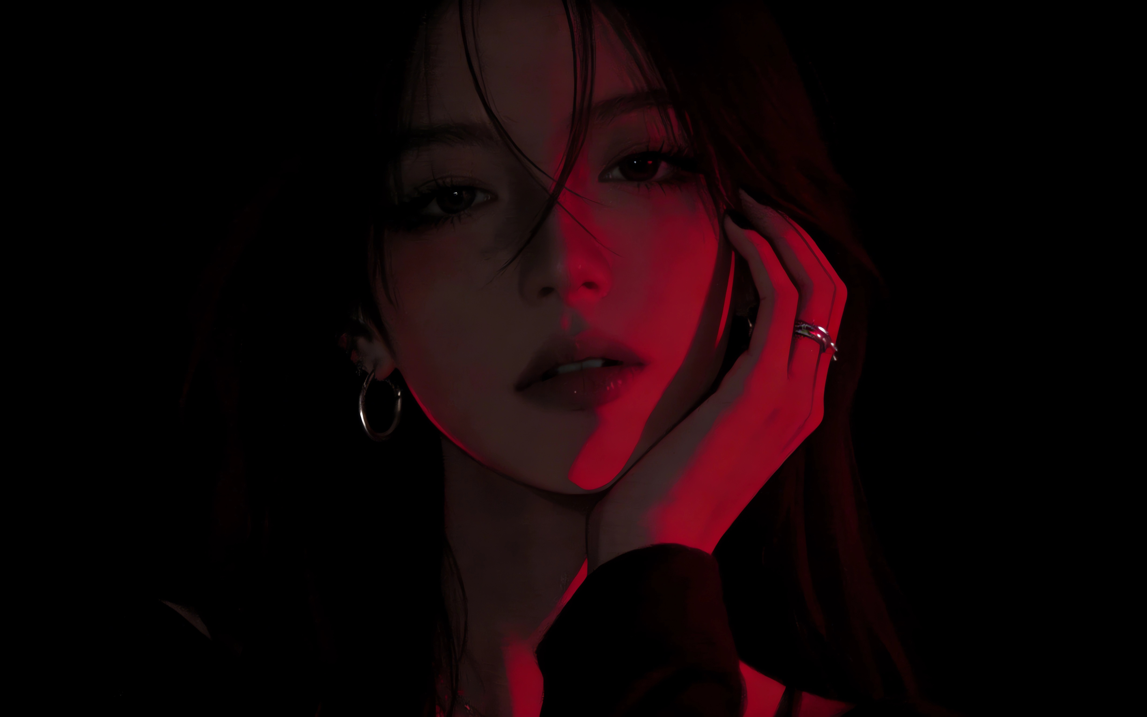 美女脸眼睛一手托下巴 红色光影 黑色背景 4K电脑壁纸3840x2400