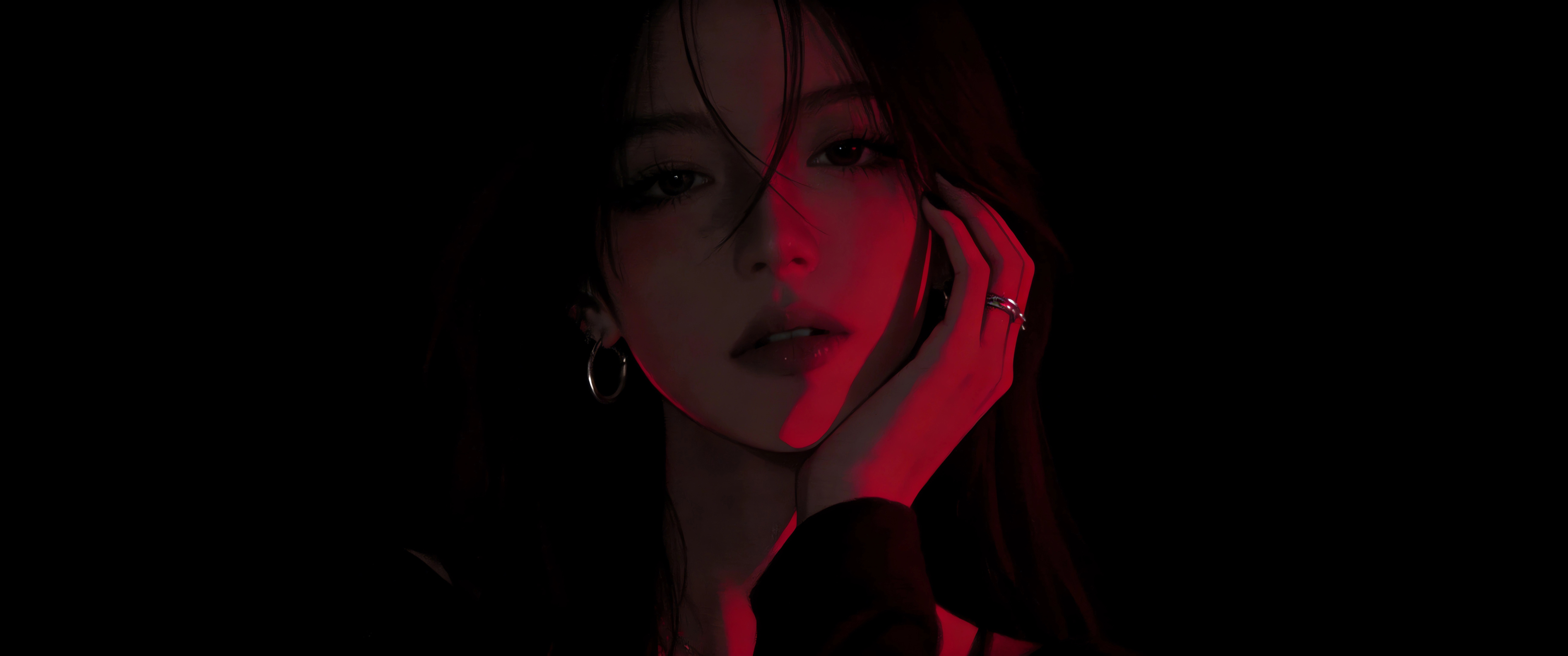 美女脸眼睛一手托下巴 红色光影 黑色背景3440x1440带鱼屏壁纸