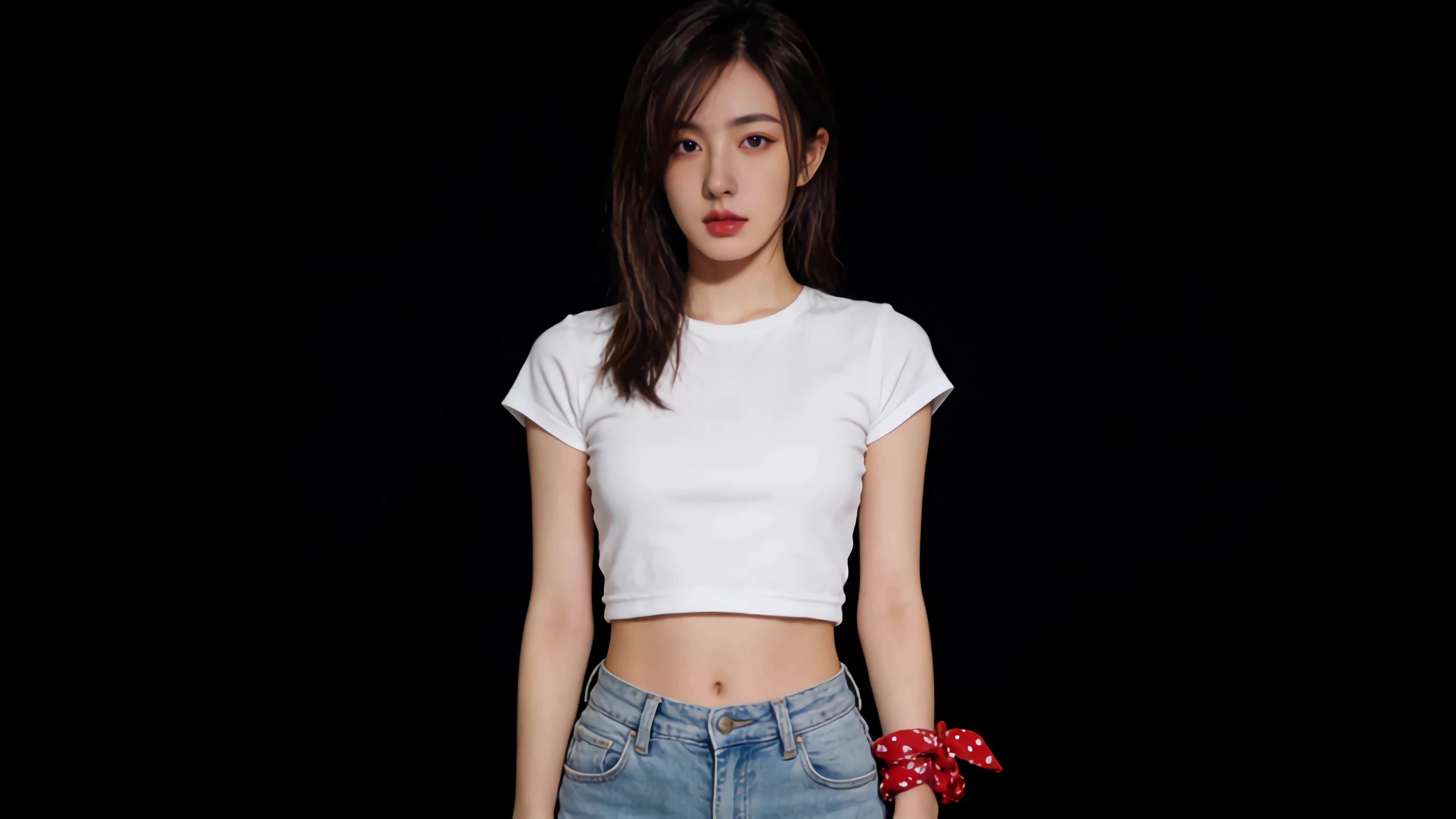 美女长发 白色衣服 牛仔裤 绘画 黑色背景 4K电脑壁纸