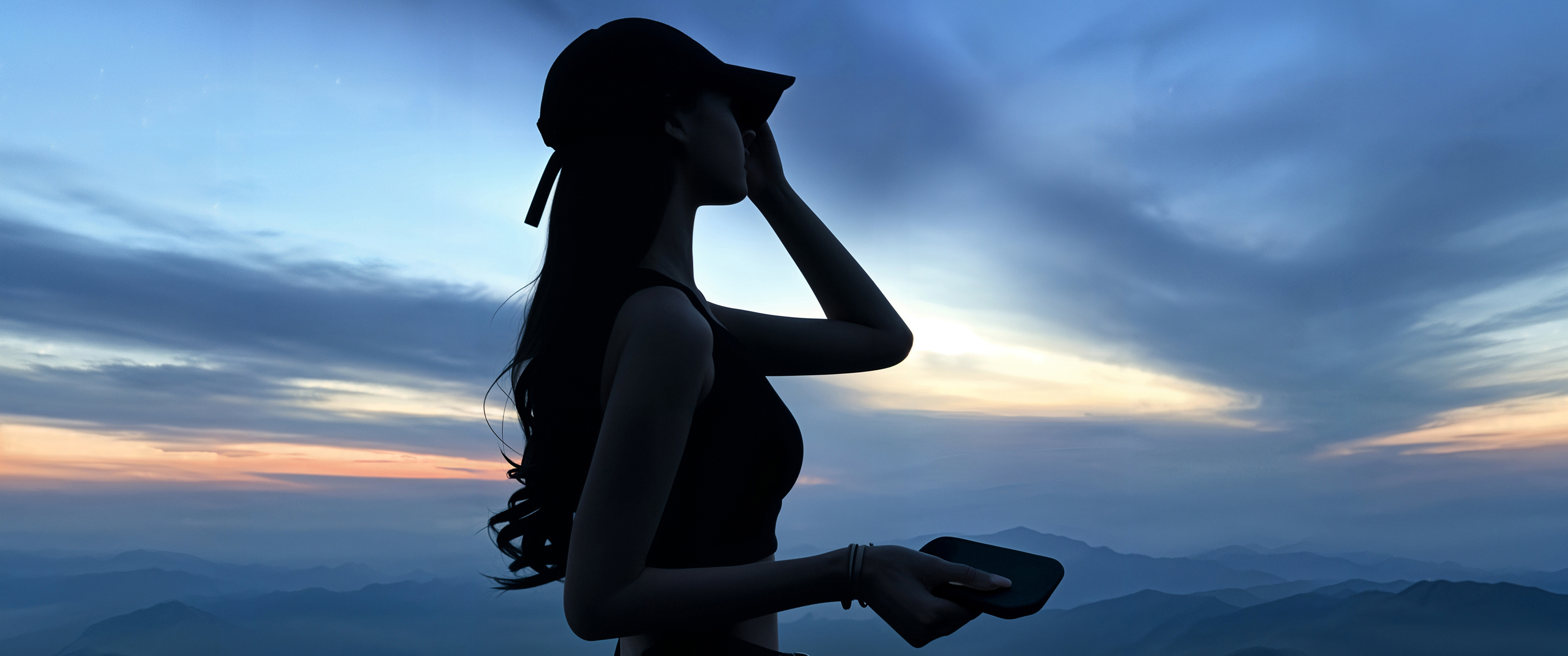 美女鸭舌帽 侧脸 唯美 天空 3440x1440带鱼屏壁纸