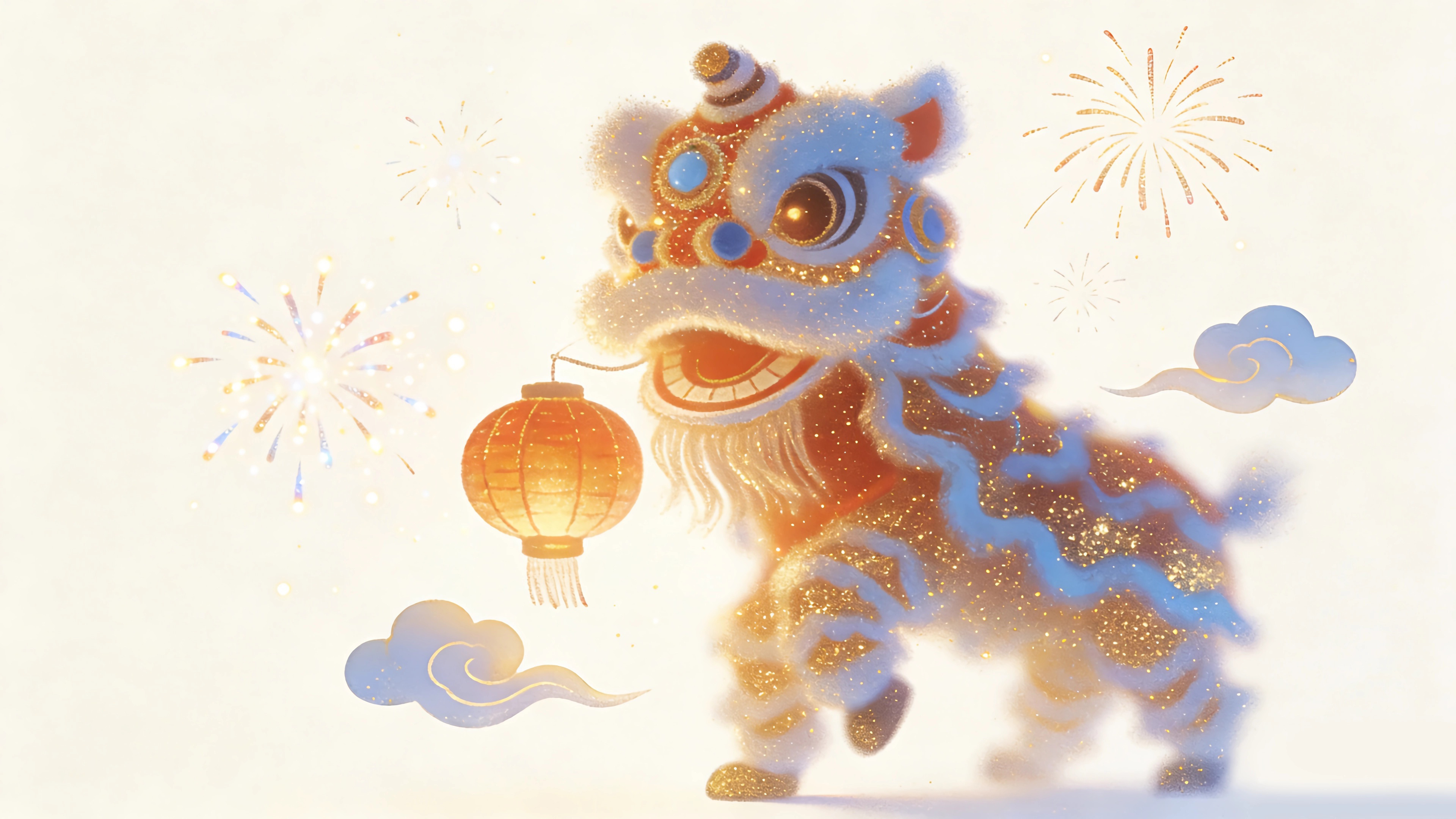 舞狮灯笼迎春4K壁纸3840x2160