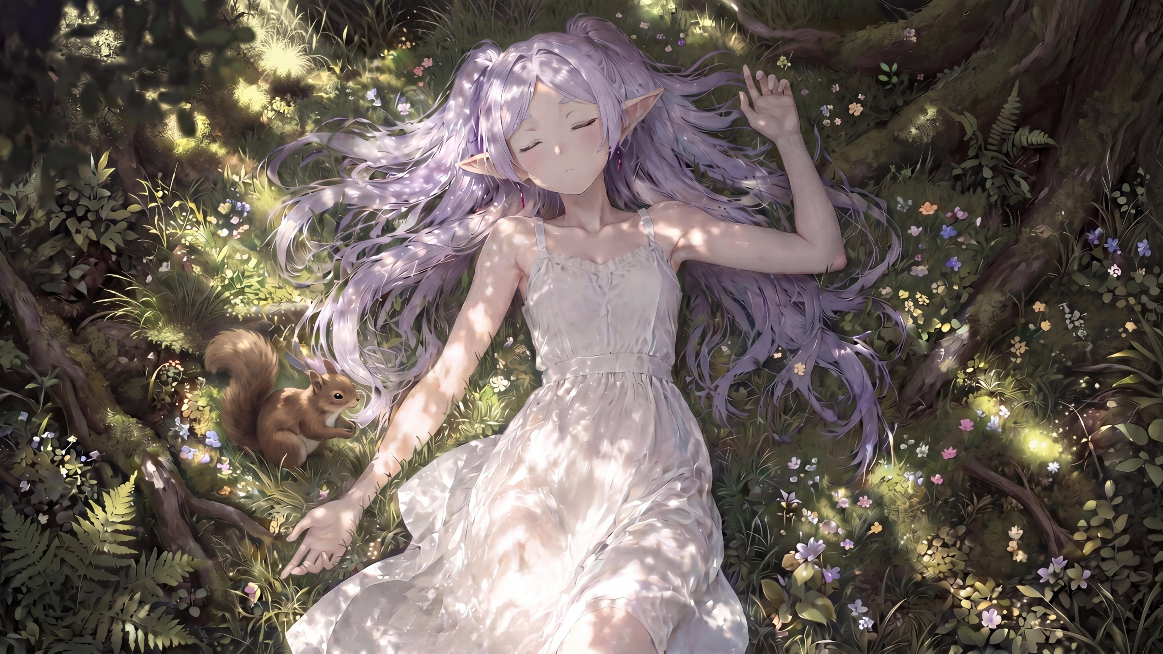 芙利莲 仰卧树林 松鼠 4K壁纸 3840x2160