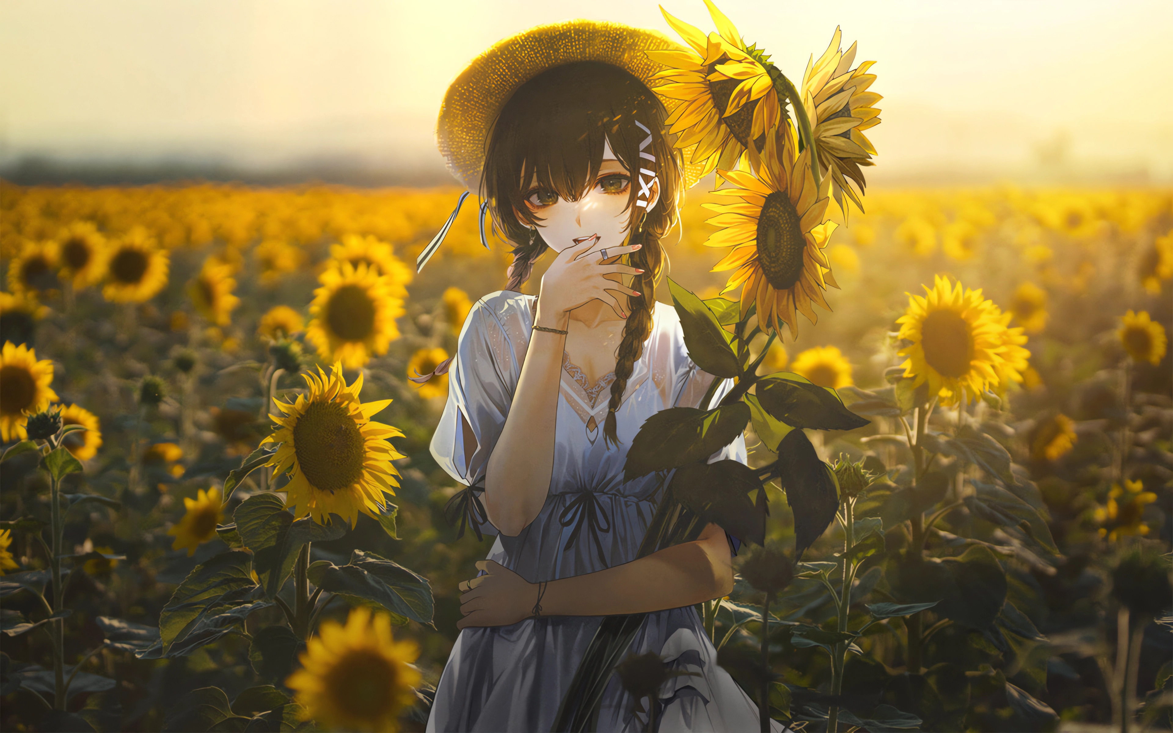 花海姑娘 向日葵女生 唯美好看动漫人物风景 4K壁纸3840x2400