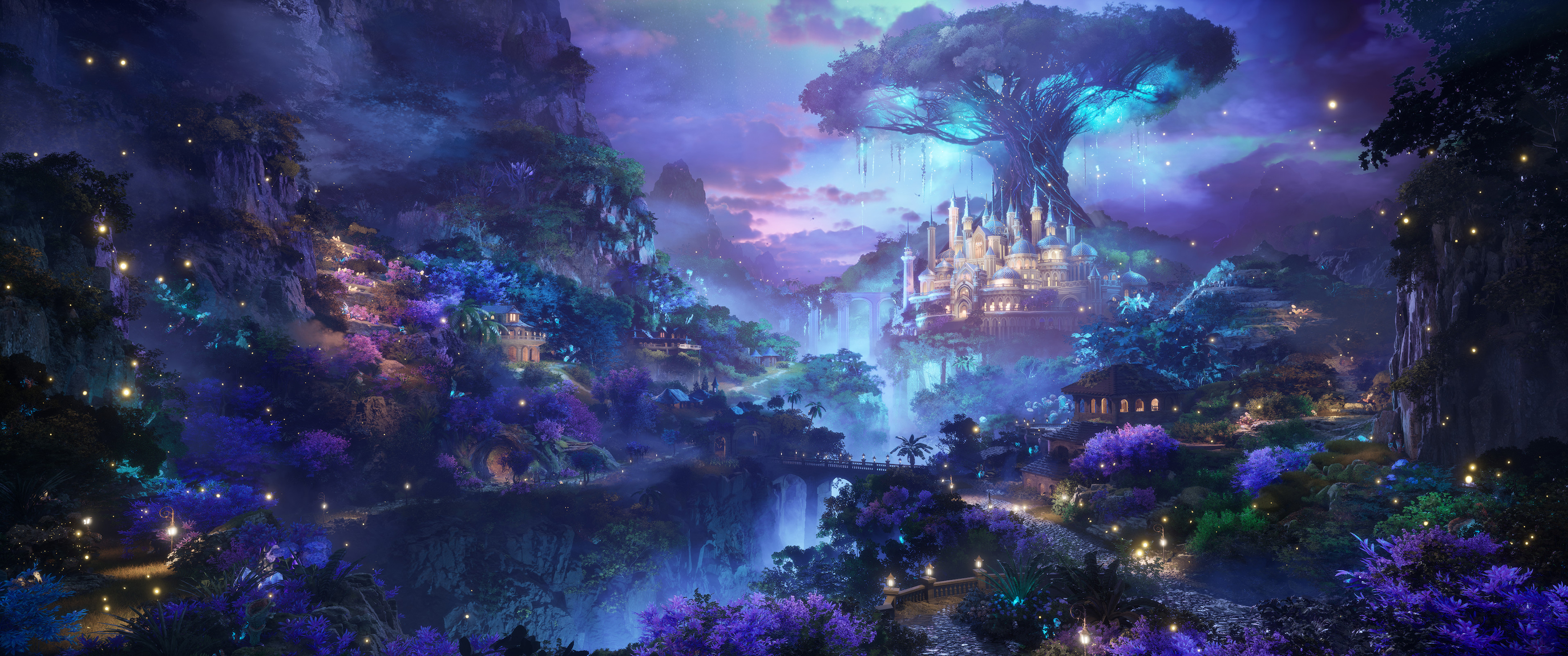 蓝光，桥，树木，城堡 灯光 萤火虫 绘画风景4k带鱼屏壁纸3440x1440