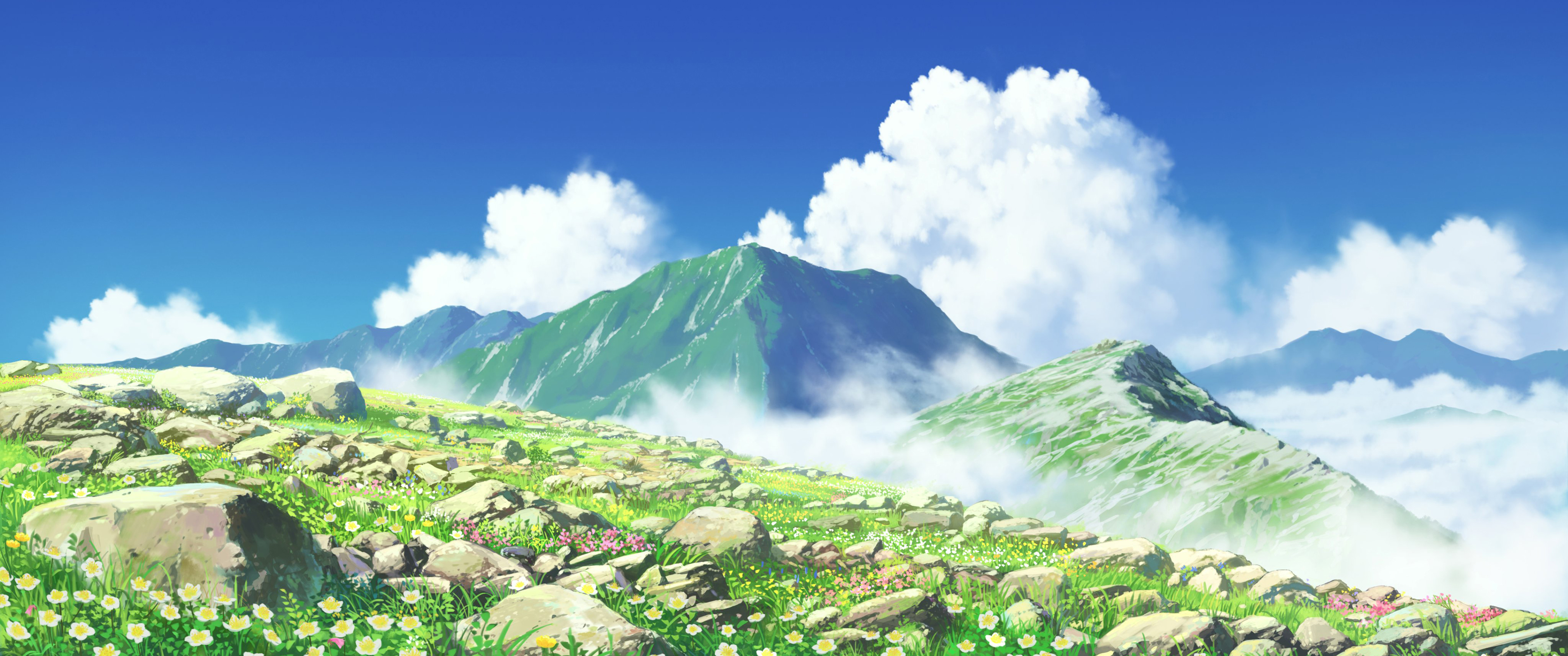 蓝天白云 山 石头 鲜花 3440x1440带鱼屏风景壁纸