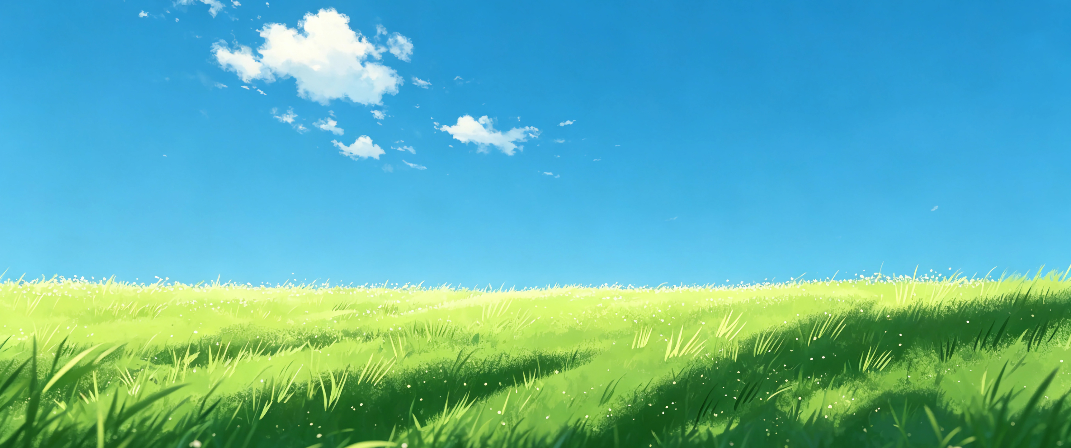 蓝天白云 清新绿色草原 绘画风景 3440x1440带鱼屏壁纸