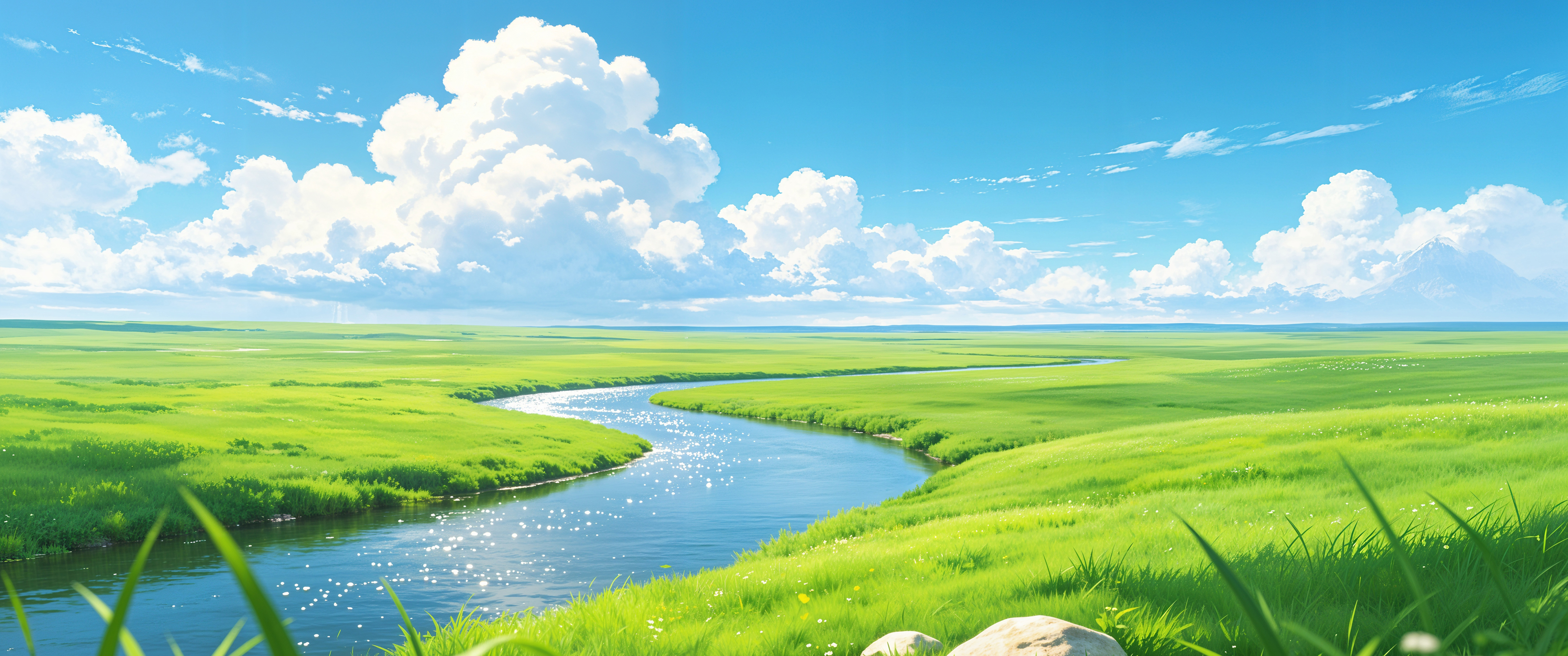 蓝天白云 绿色草原 弯曲河流 清新风景4K带鱼屏壁纸3440x1440