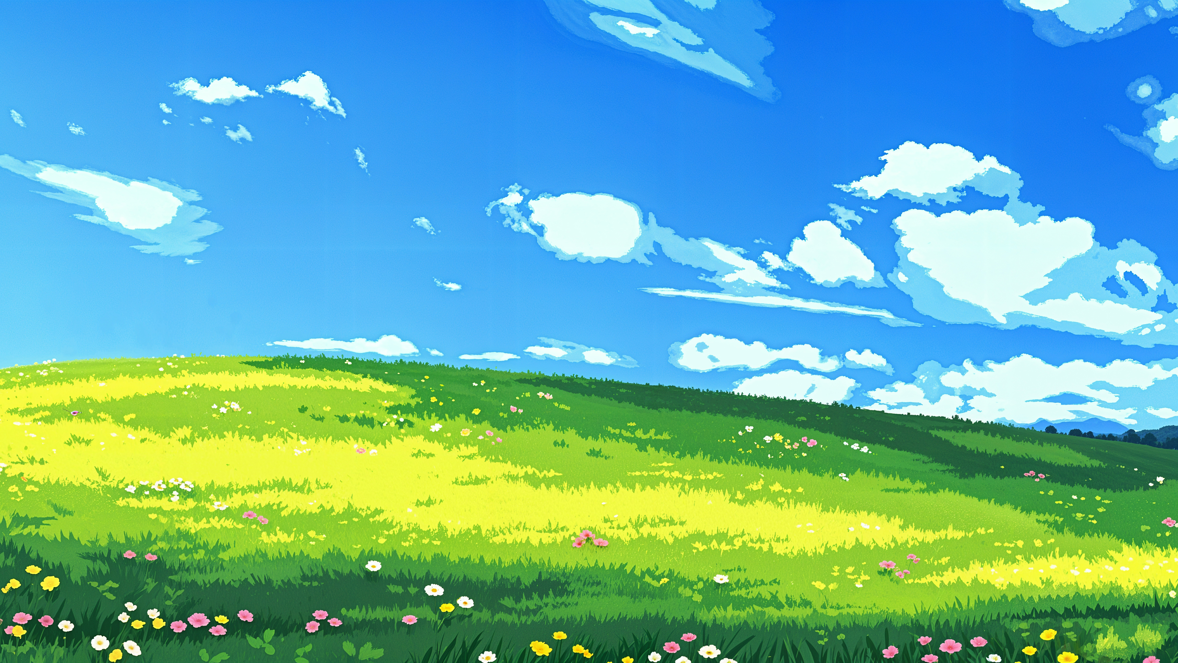 蓝天白云 花 草 天空 山丘 绘画 4K风景桌面壁纸3840x2160