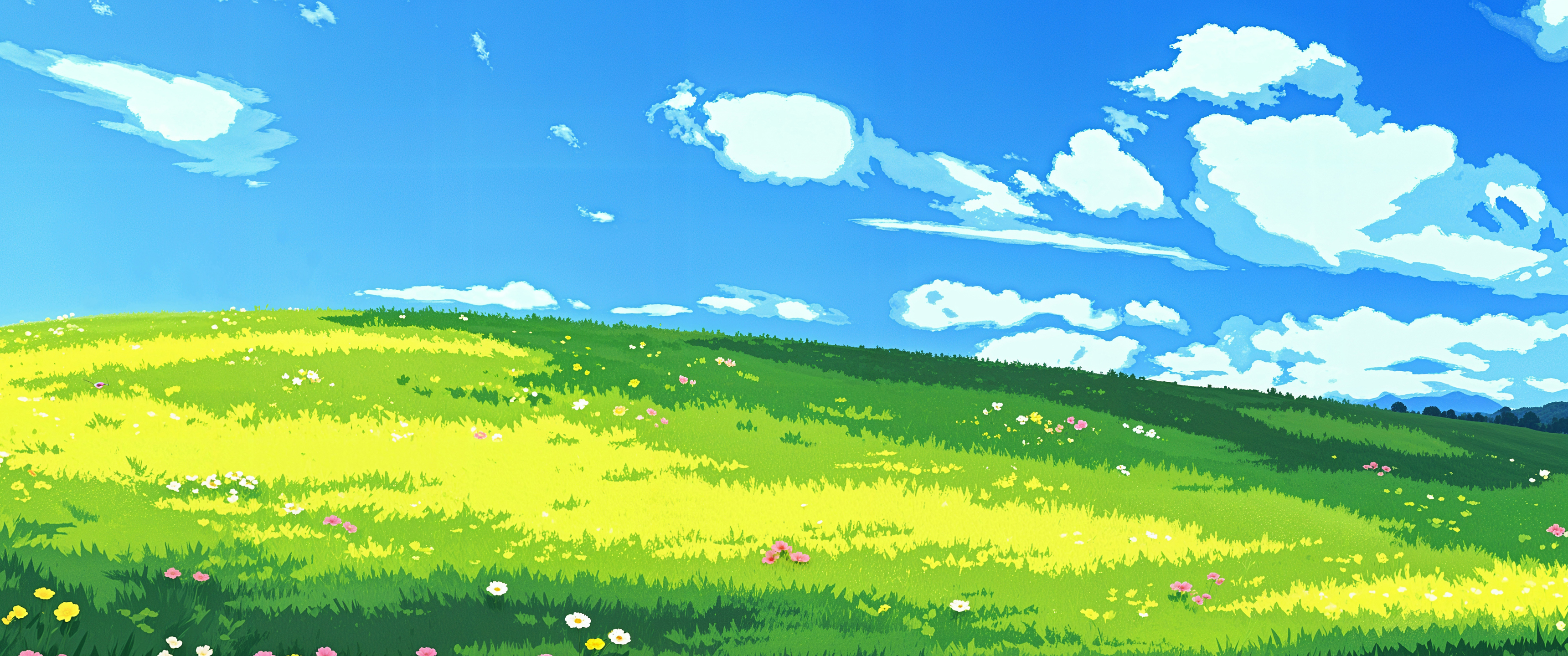 蓝天白云 花草 天空 山丘 绘画 带鱼屏壁纸3440x1440