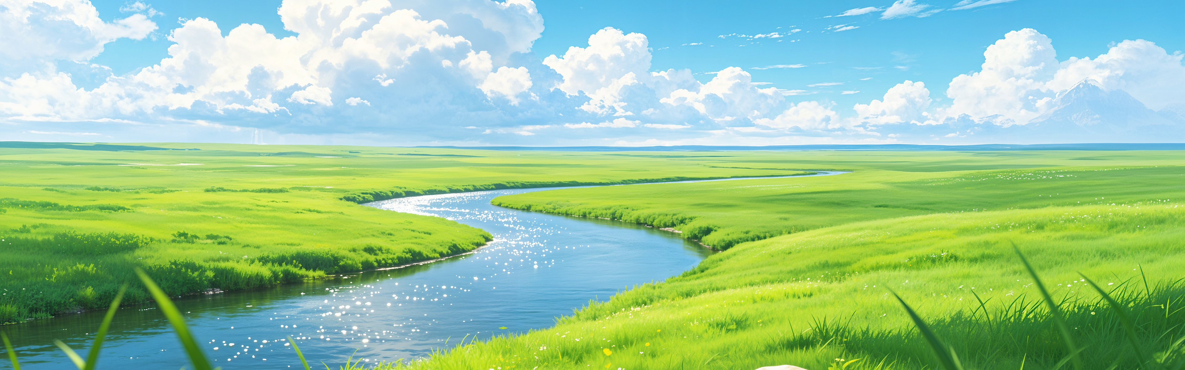 蓝天白云清新草原河流3840x1200高清风景壁纸