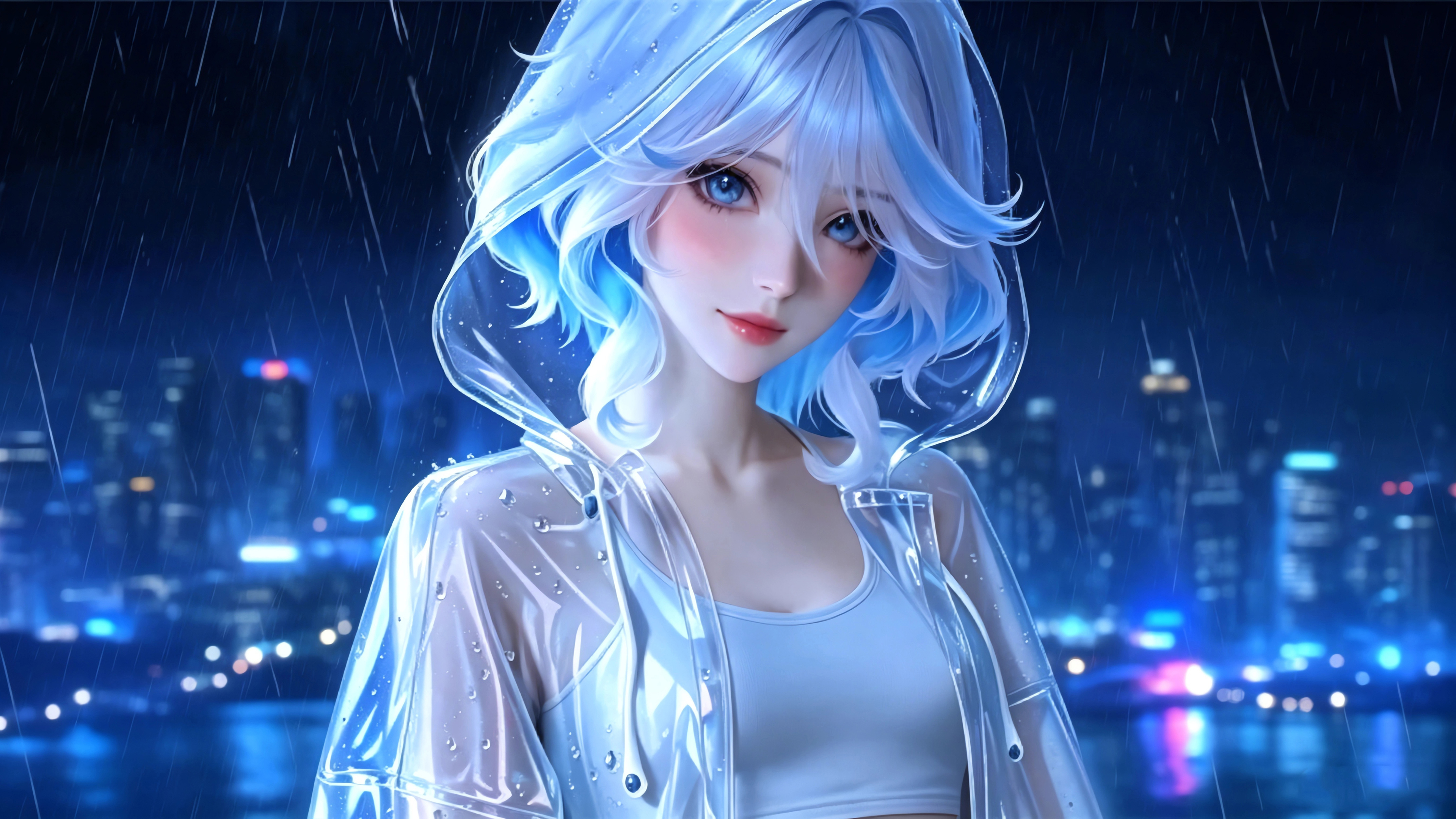 蓝白卷发少女 雨夜都市 赛博朋克 4K动漫壁纸3840x2160