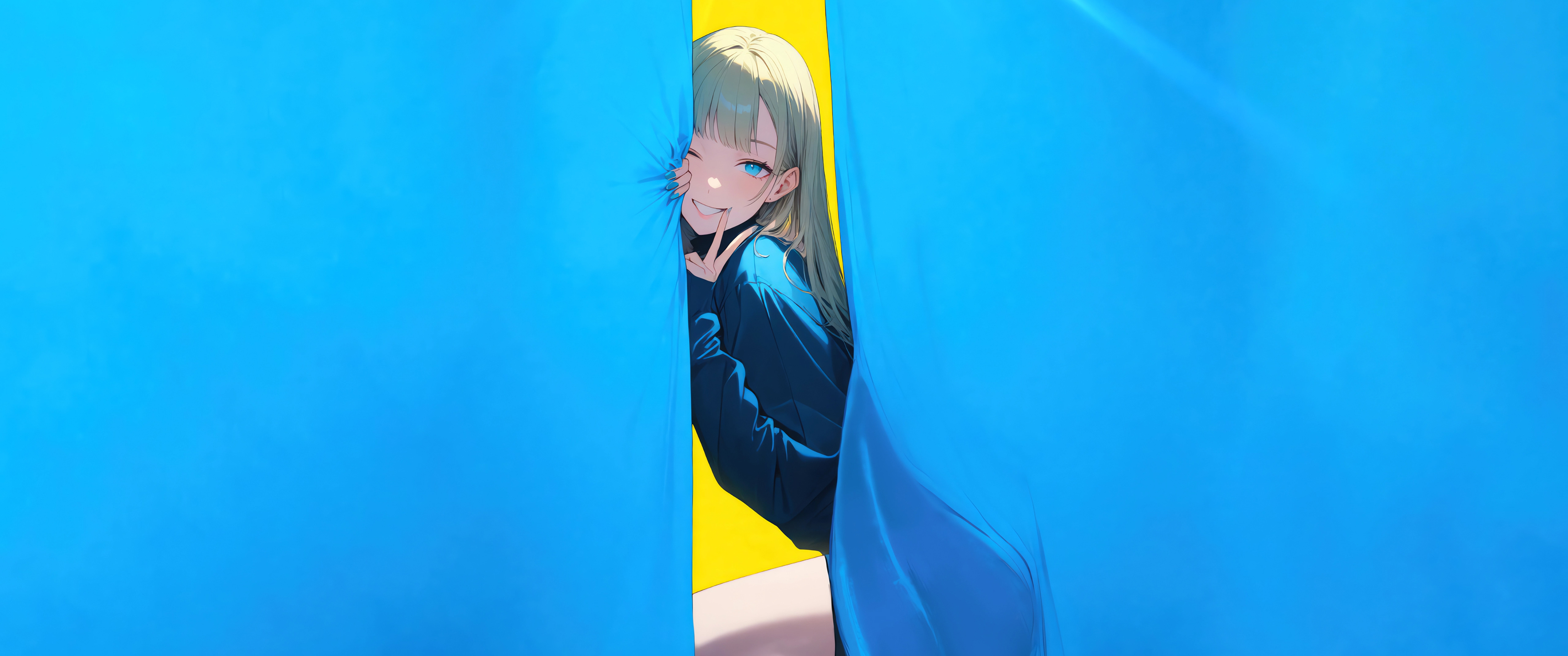蓝色窗帘女孩3440x1440带鱼屏壁纸