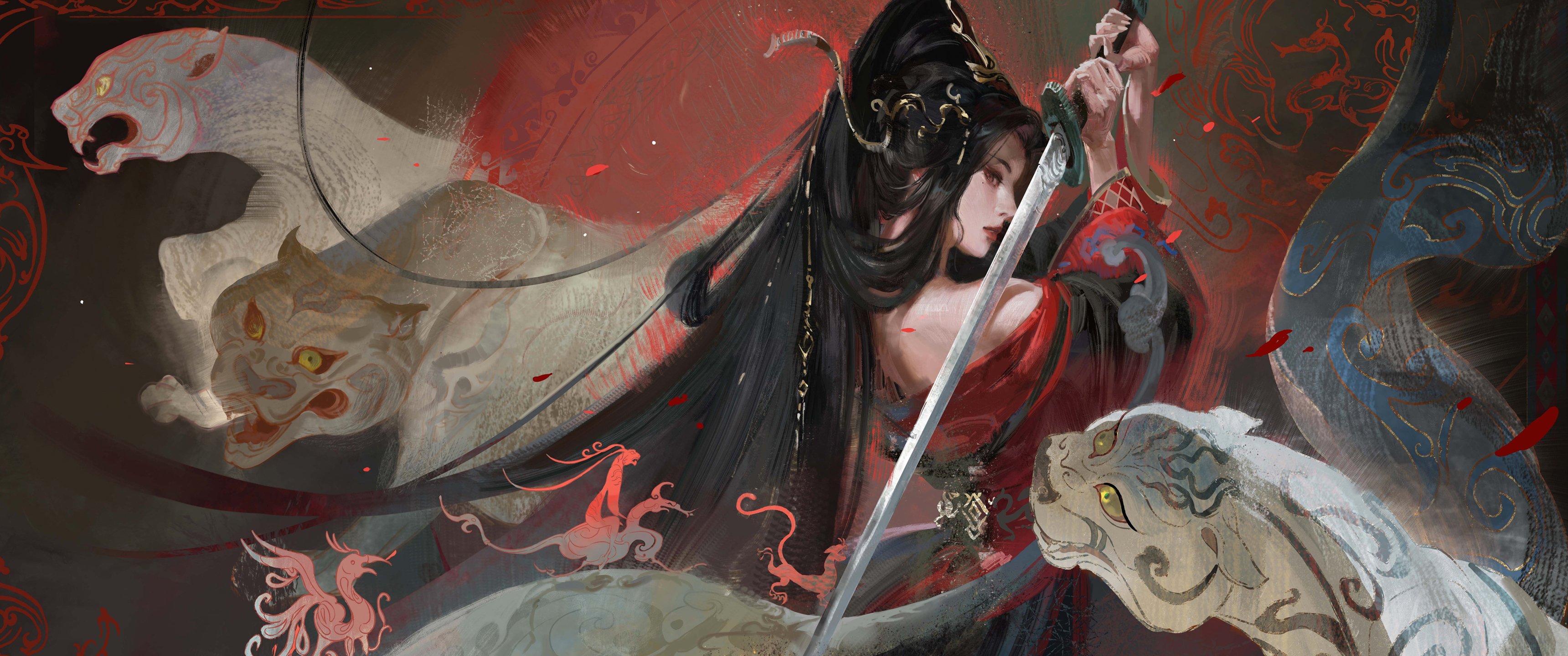 虞姬 长剑 神兽 超清带鱼屏壁纸3440x1440