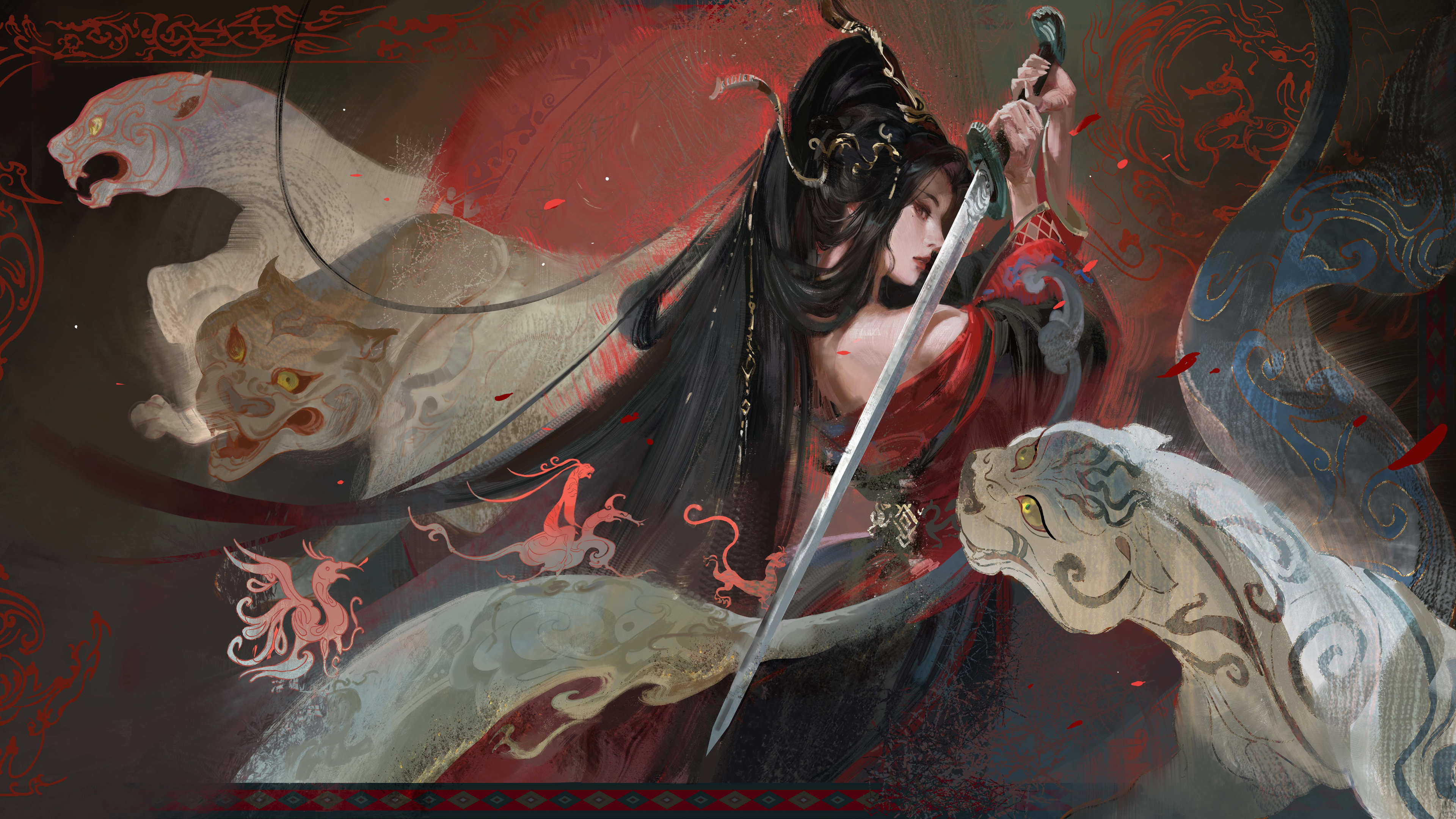 虞姬 长剑 神兽 高清厚涂画 4K电脑壁纸3840x2160