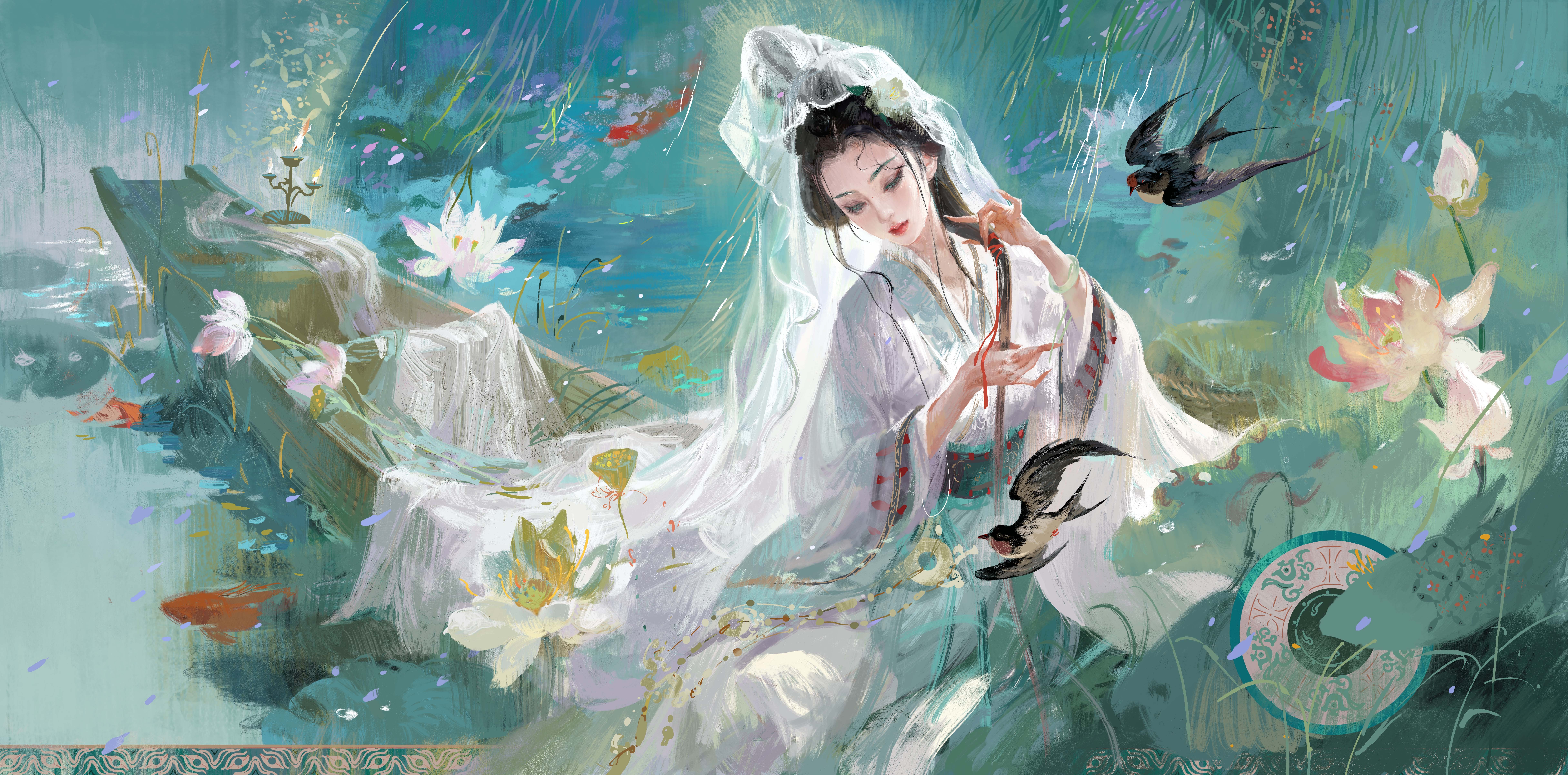 西施 小船 燕子 荷花 绘画 9K壁纸