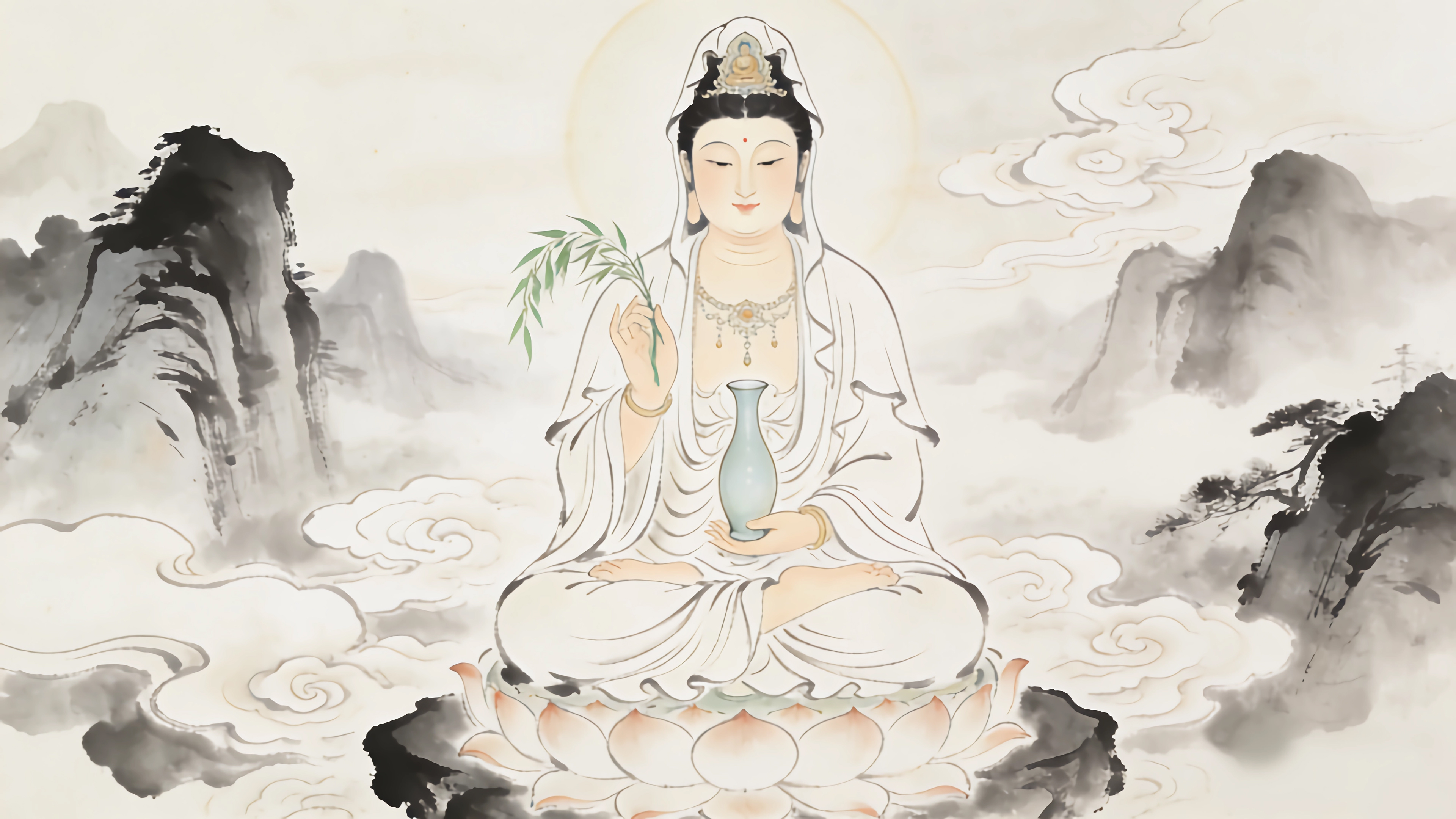 观音 玉净瓶 水墨风 4k壁纸