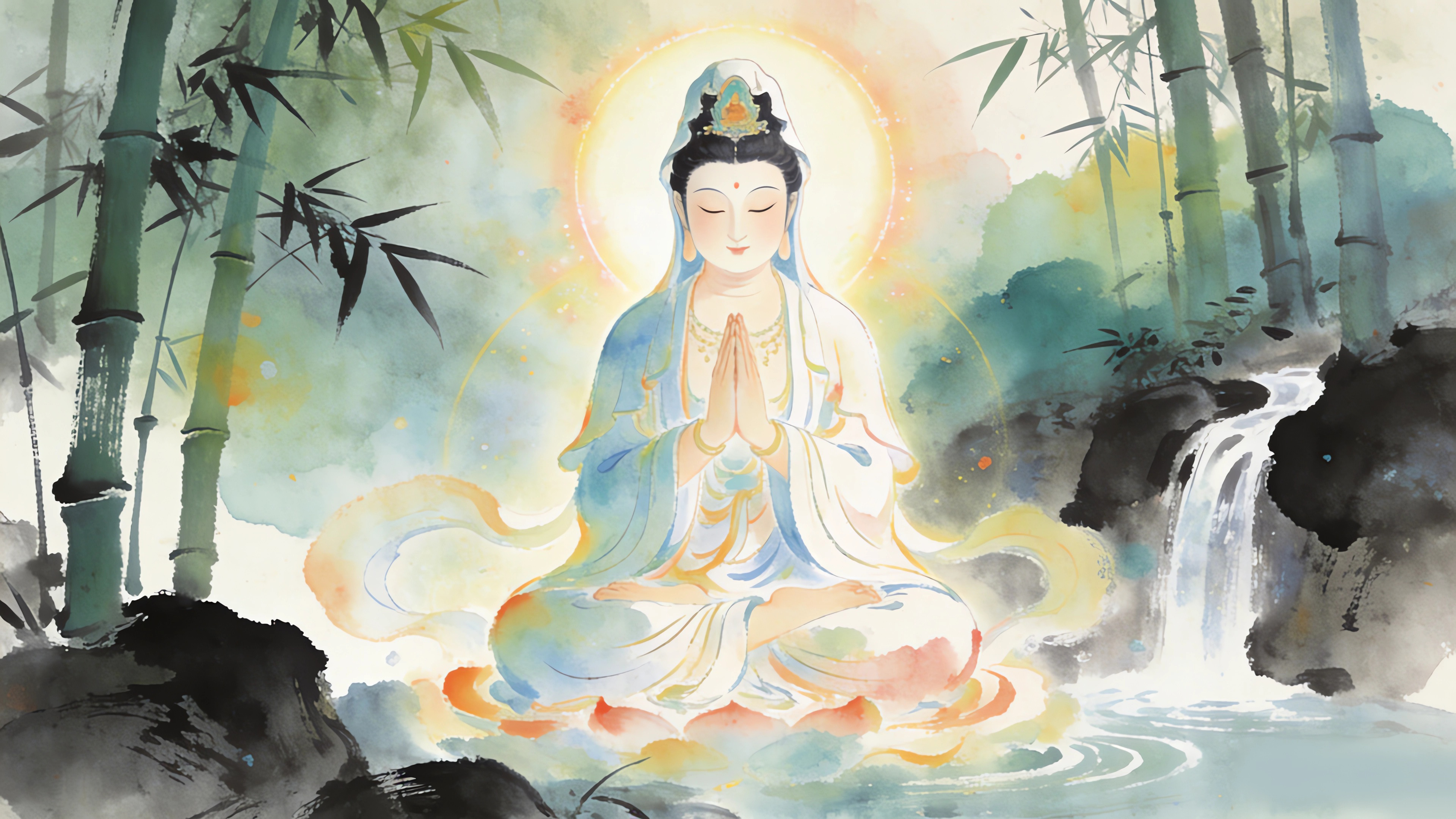 观音菩萨 竹林 瀑布 水墨风 4K电脑高清壁纸