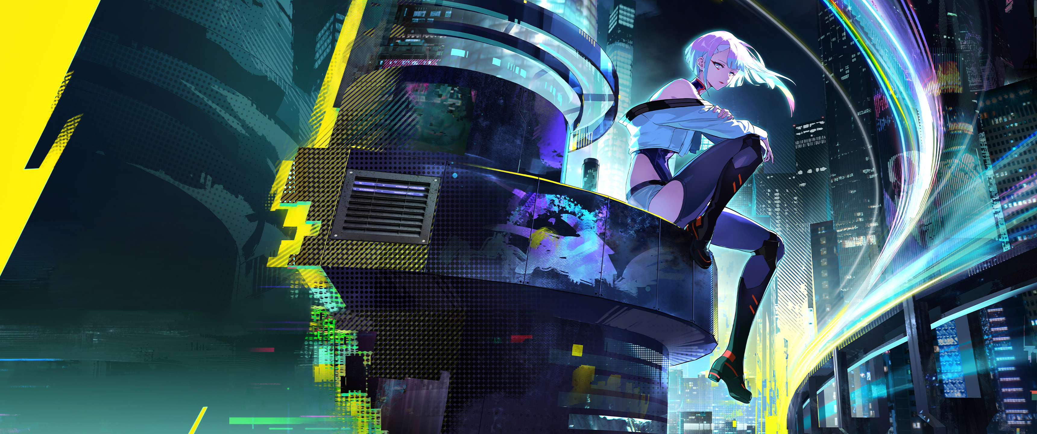 赛博朋克 个性女孩 城市高楼 4k带鱼屏壁纸3440x1440